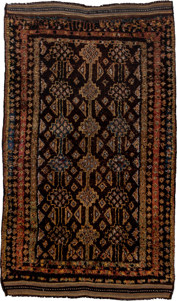5' x 8' one-of-a-kind handmade antique Ouzbek medium size rug. Color palette: brown, camel, rust, charcoal, taupe, slate