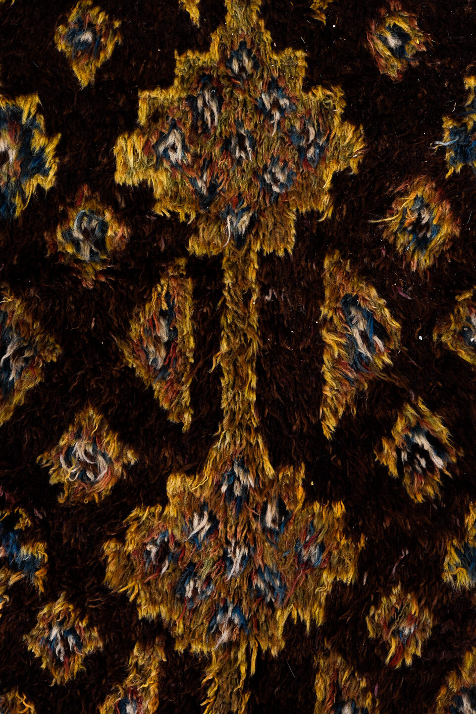 5' x 8' one-of-a-kind handmade antique Ouzbek medium size rug. Color palette: brown, camel, rust, charcoal, taupe, slate