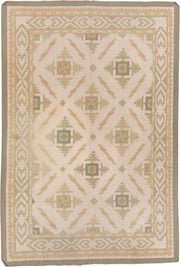 6' x 9' one-of-a-kind handmade antique Dhurrie medium size rug. Color palette: ivory, taupe, sage, sand, cream, beige, gray