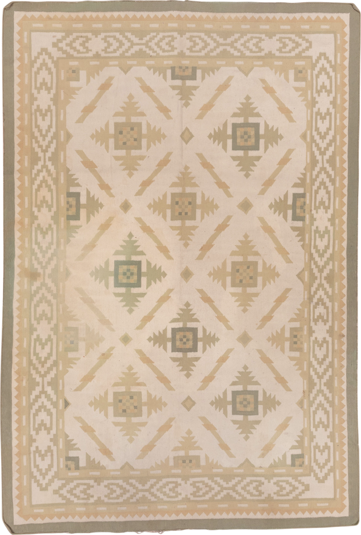 6' x 9' one-of-a-kind handmade antique Dhurrie medium size rug. Color palette: ivory, taupe, sage, sand, cream, beige, gray