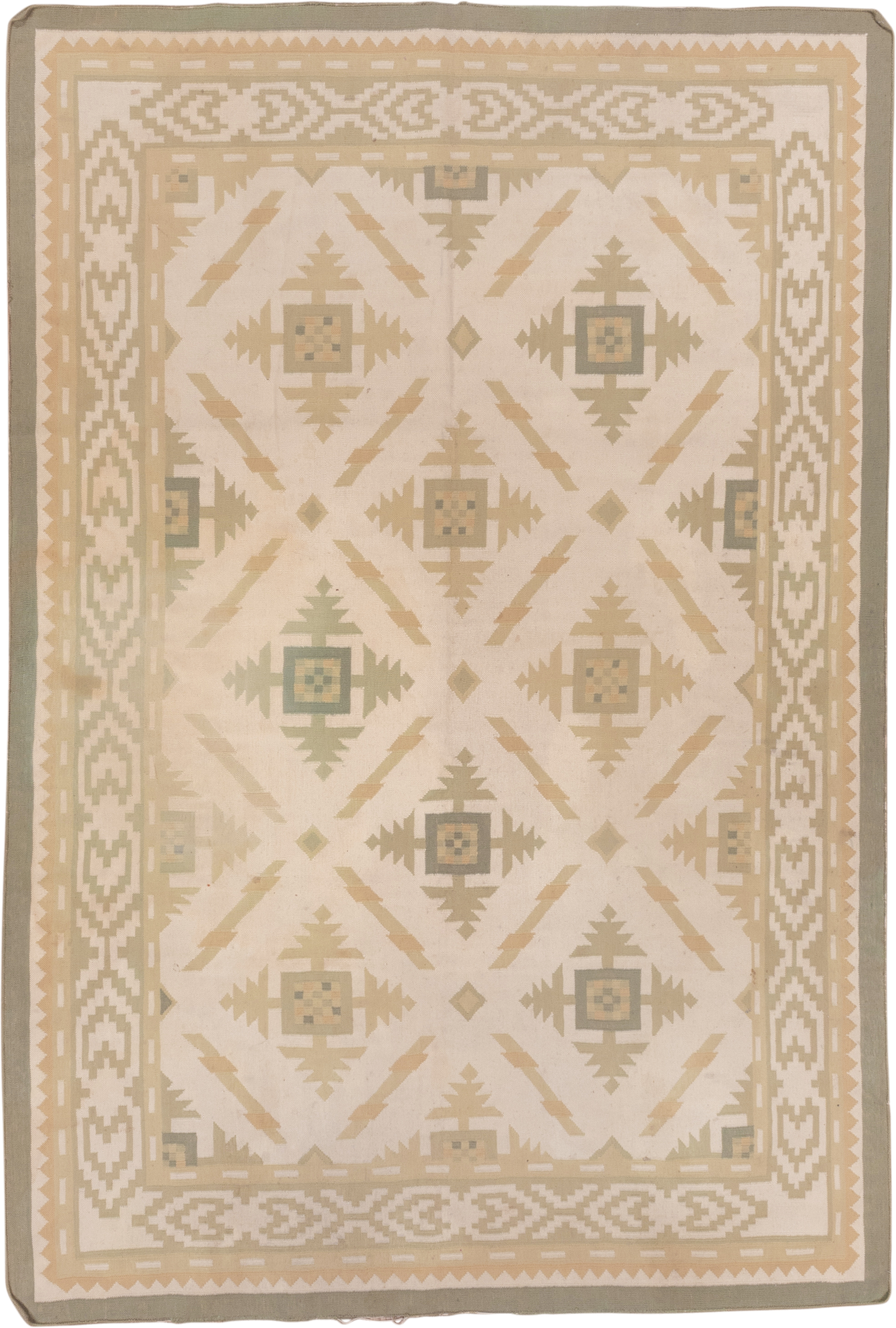6' x 9' one-of-a-kind handmade antique Dhurrie medium size rug. Color palette: ivory, taupe, sage, sand, cream, beige, gray