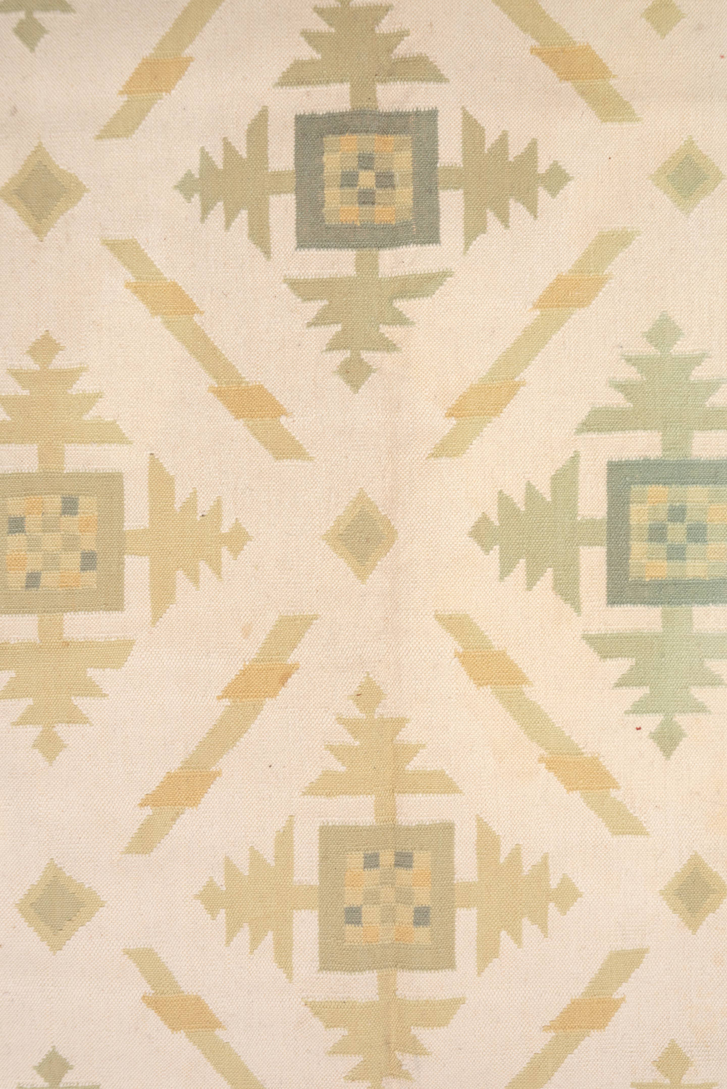 6' x 9' one-of-a-kind handmade antique Dhurrie medium size rug. Color palette: ivory, taupe, sage, sand, cream, beige, gray