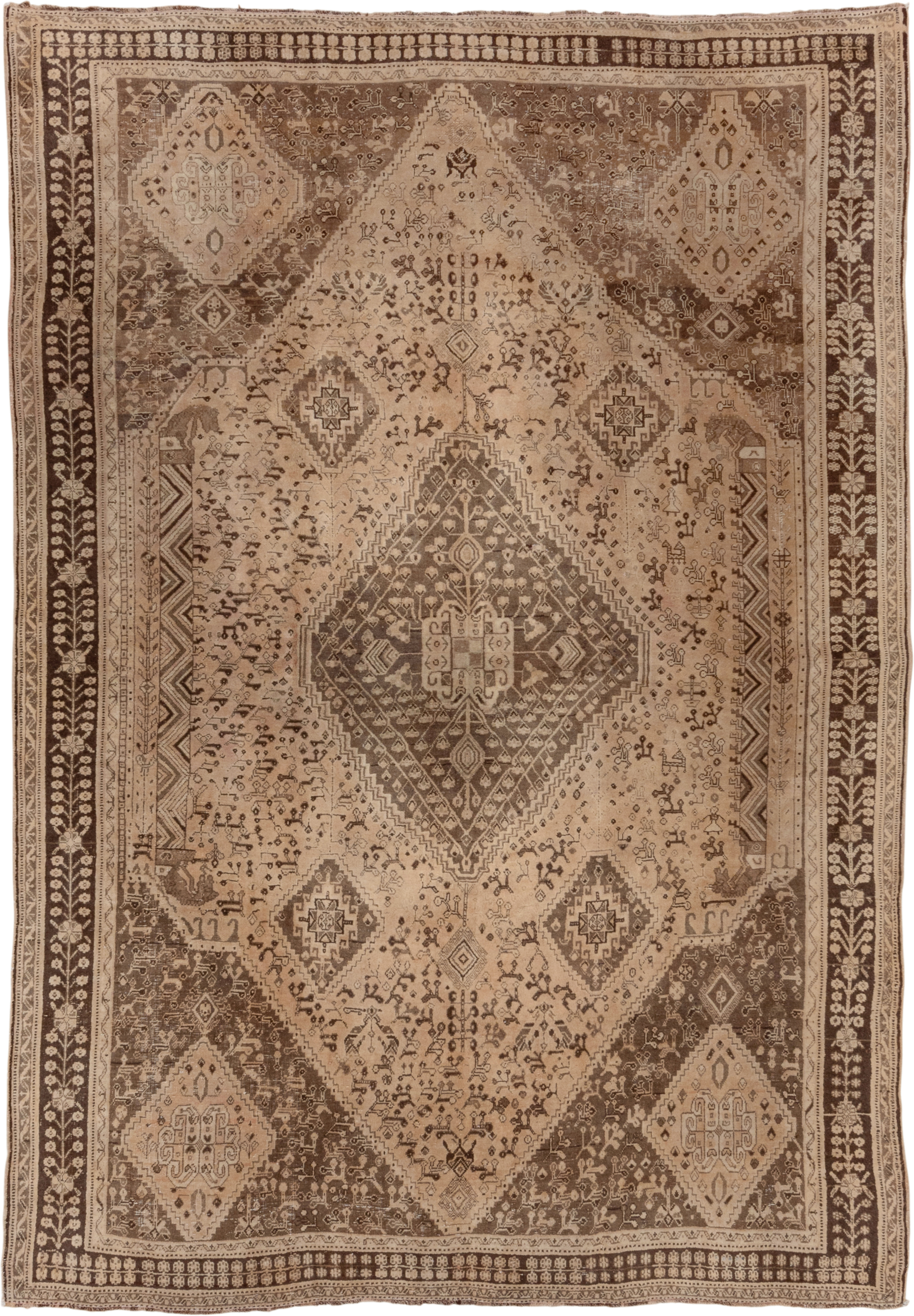 6' x 9' one-of-a-kind handmade antique Shiraz medium size rug. Color palette: ivory, camel, brown, taupe, charcoal, beige
