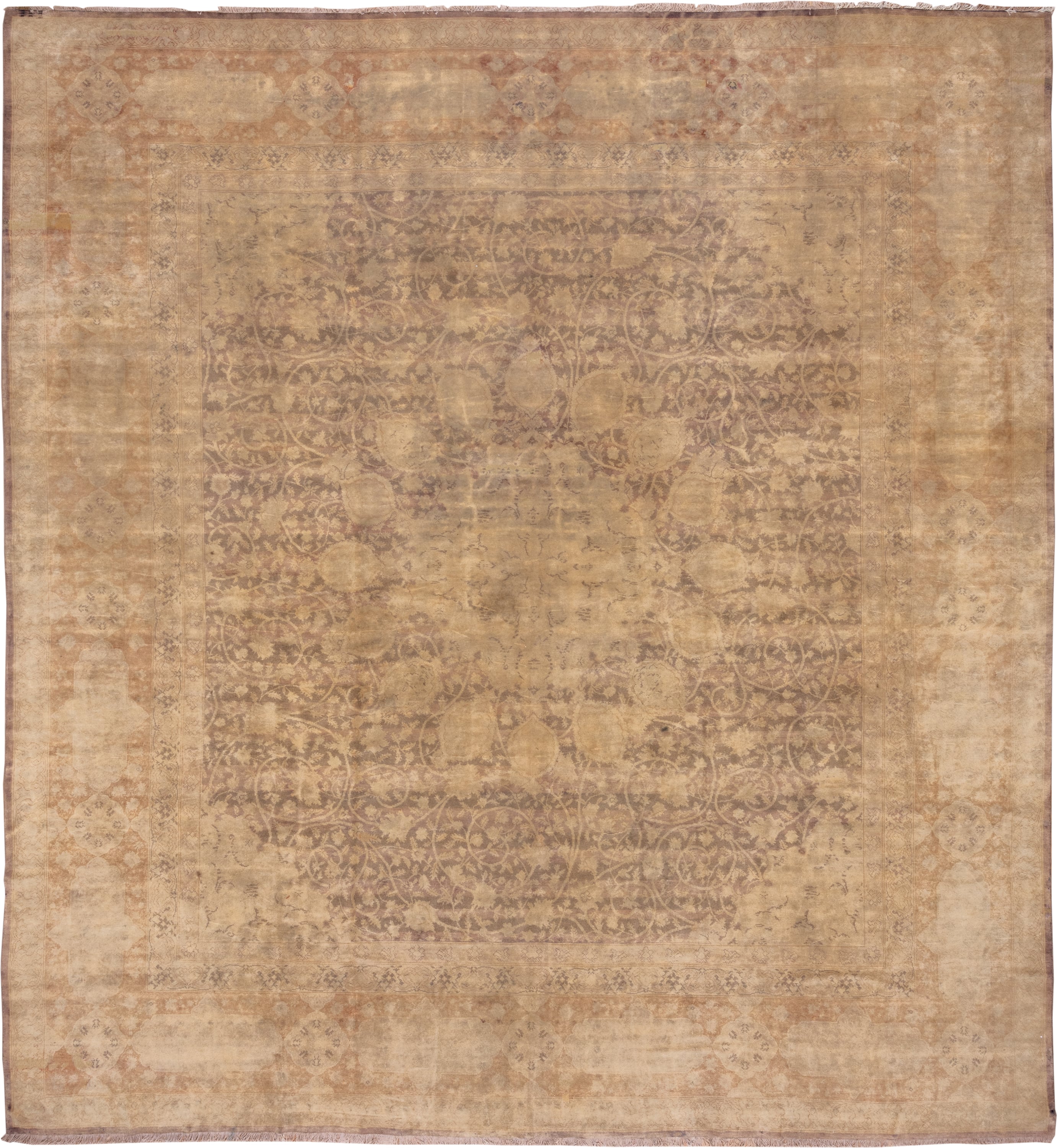 13' x 13' one-of-a-kind handmade antique Sivas oversize rug. Color palette: beige, taupe, camel, ivory, sand, peach, rose