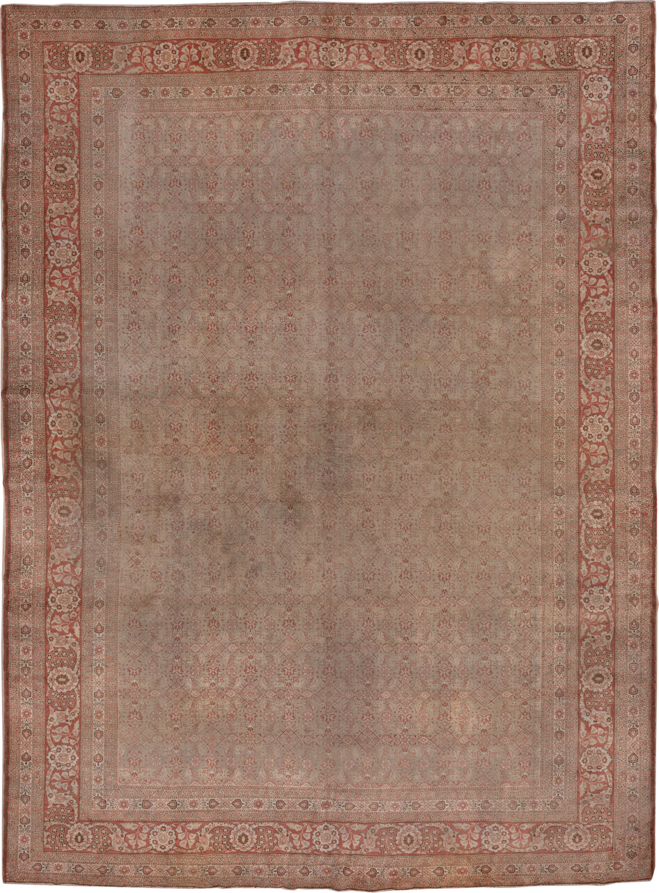 11' x 14' one-of-a-kind handmade antique Tabriz oversize rug. Color palette: rose, ivory, terra cotta, taupe, camel, sienna