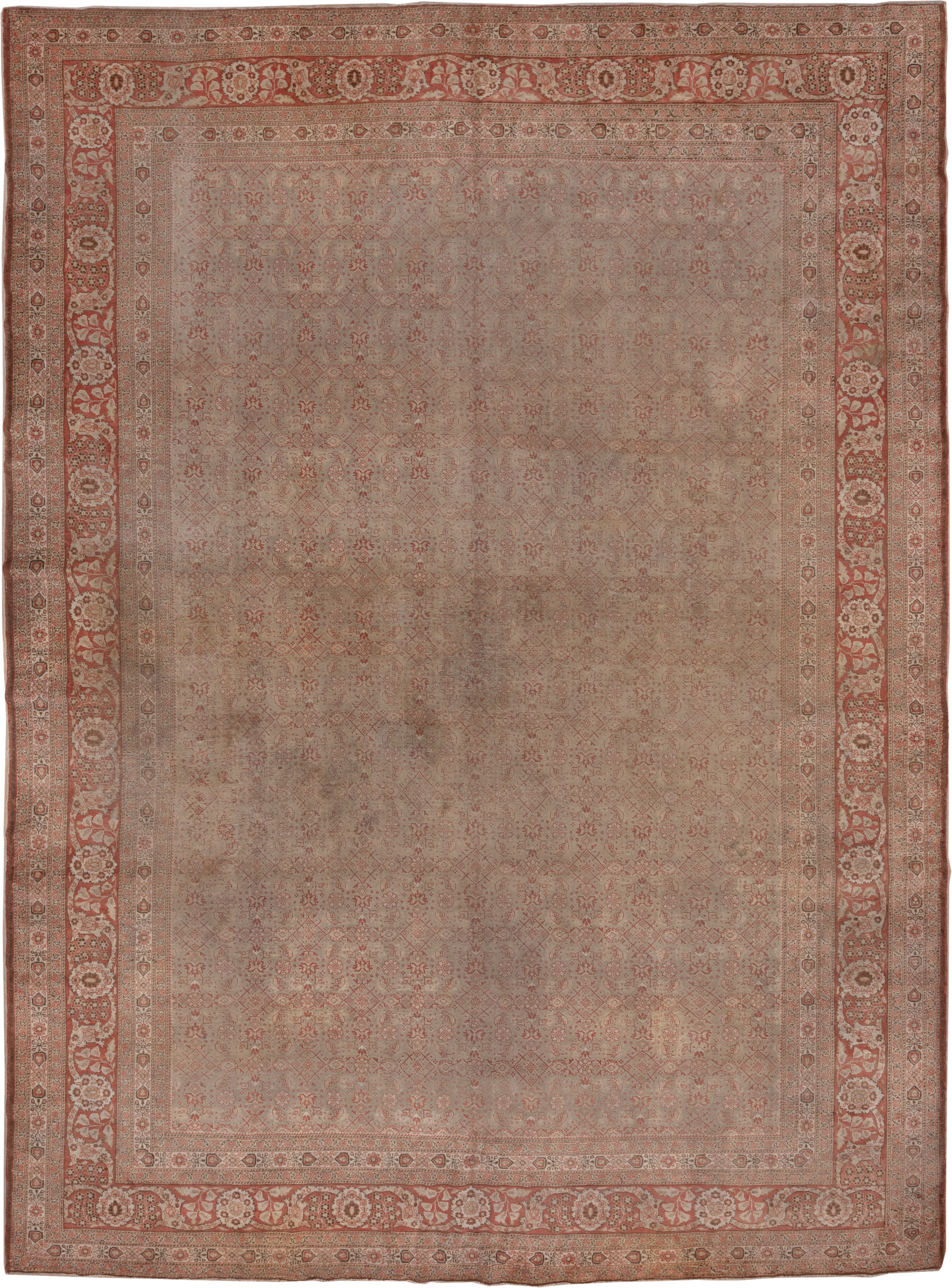 11' x 14' one-of-a-kind handmade antique Tabriz oversize rug. Color palette: rose, ivory, terra cotta, taupe, camel, sienna