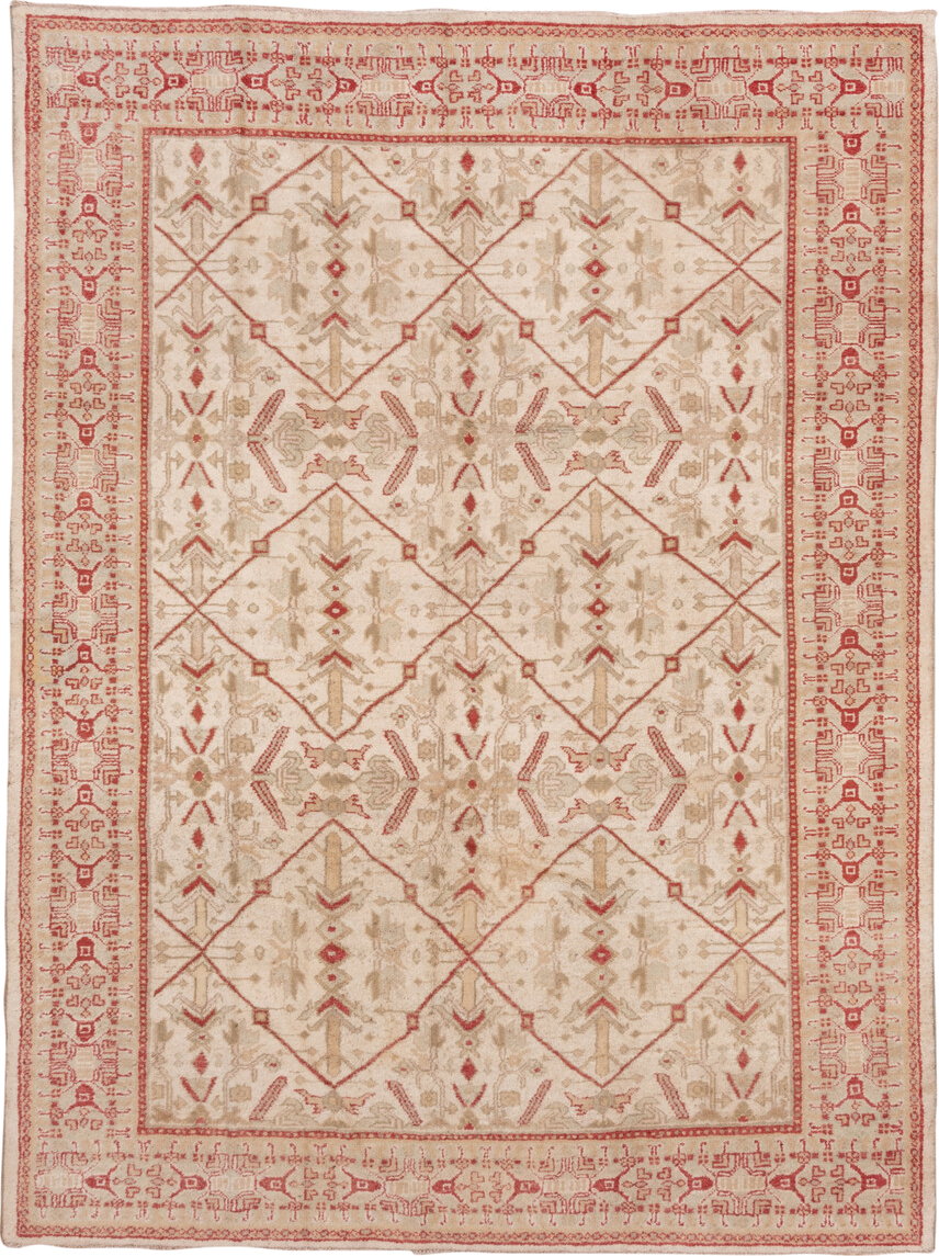 8' x 11' one-of-a-kind handmade antique Oushak large size rug. Color palette: ivory, coral, beige, tan, rose, terracotta