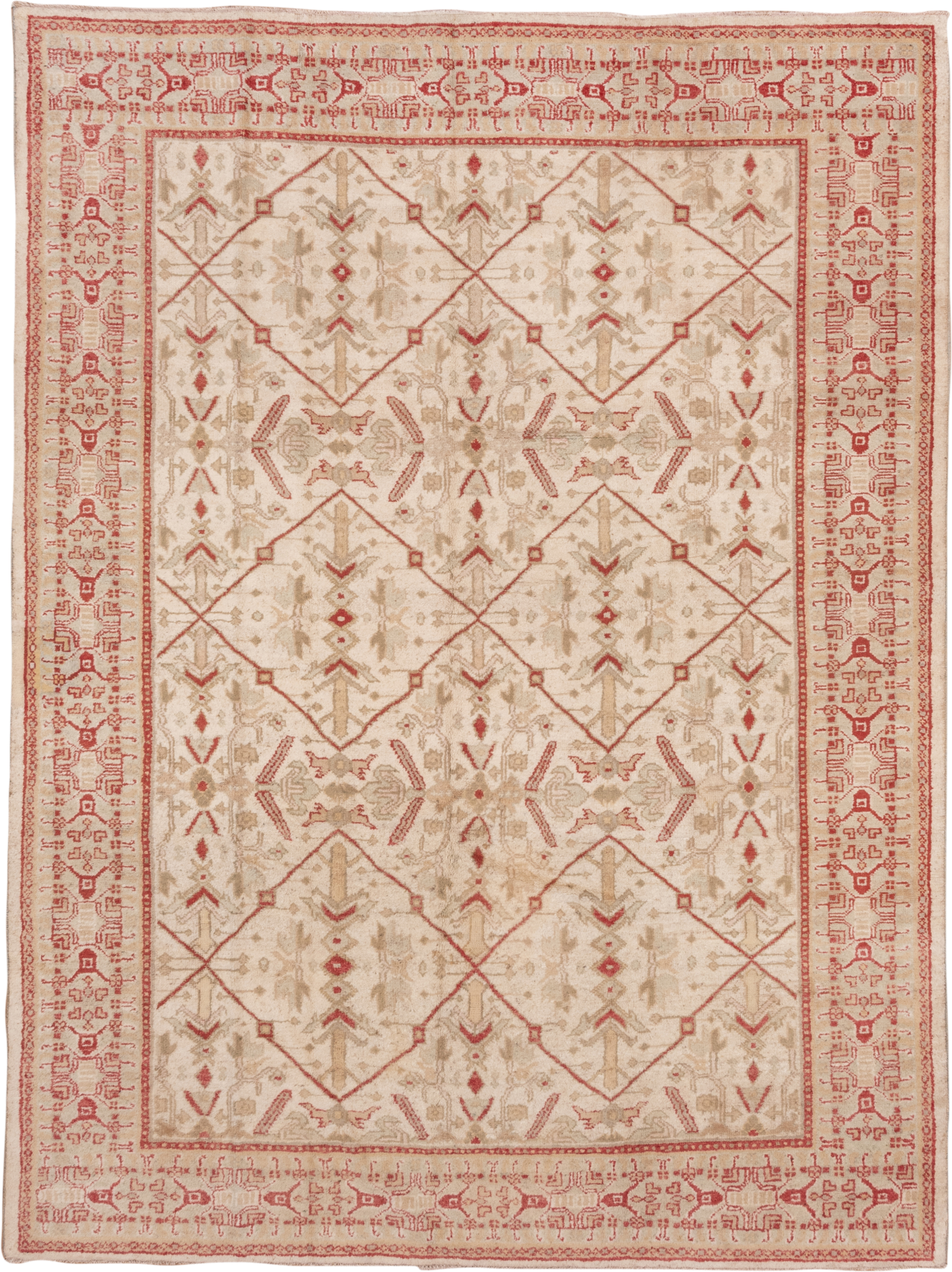 8' x 11' one-of-a-kind handmade antique Oushak large size rug. Color palette: ivory, coral, beige, tan, rose, terracotta