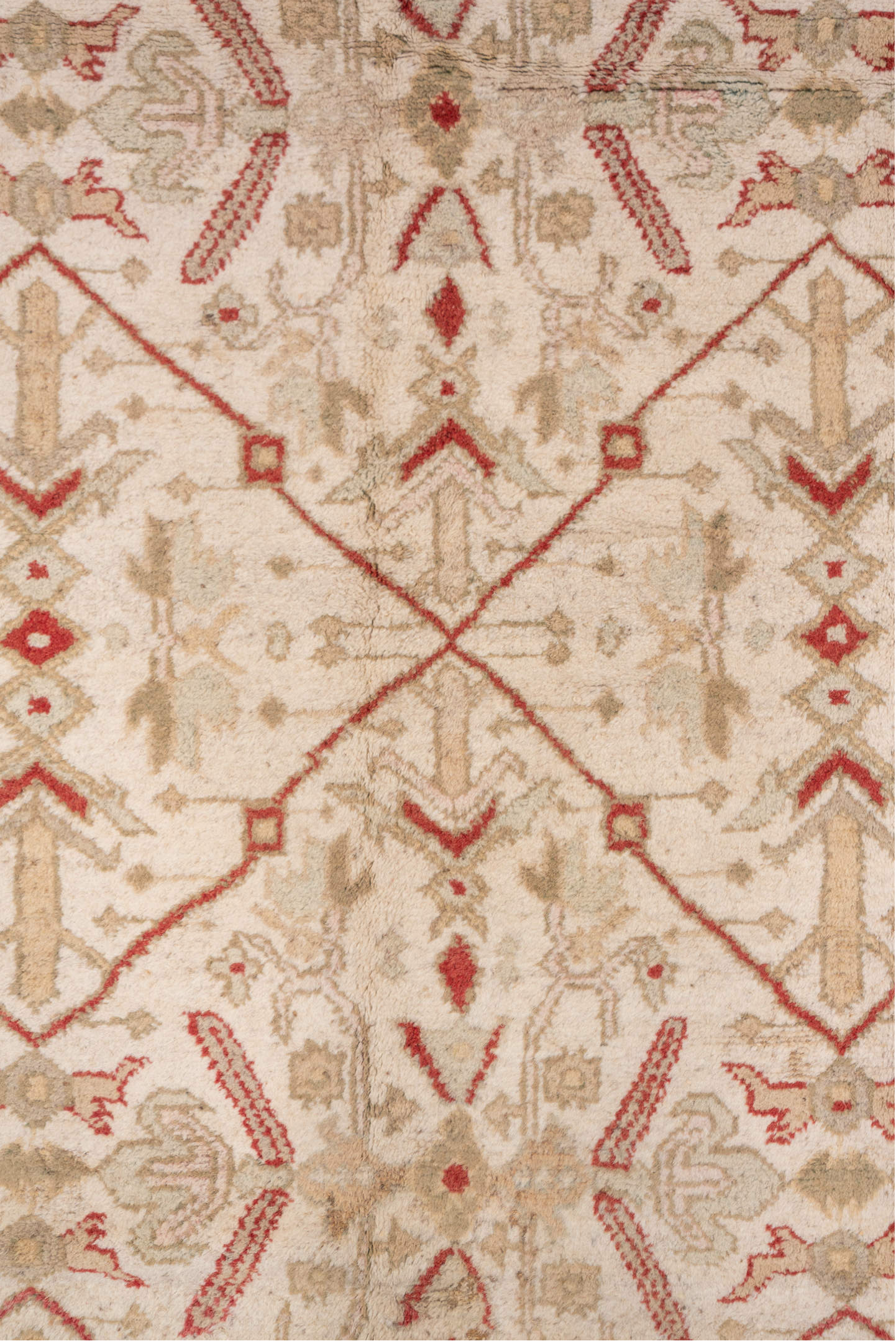 8' x 11' one-of-a-kind handmade antique Oushak large size rug. Color palette: ivory, coral, beige, tan, rose, terracotta