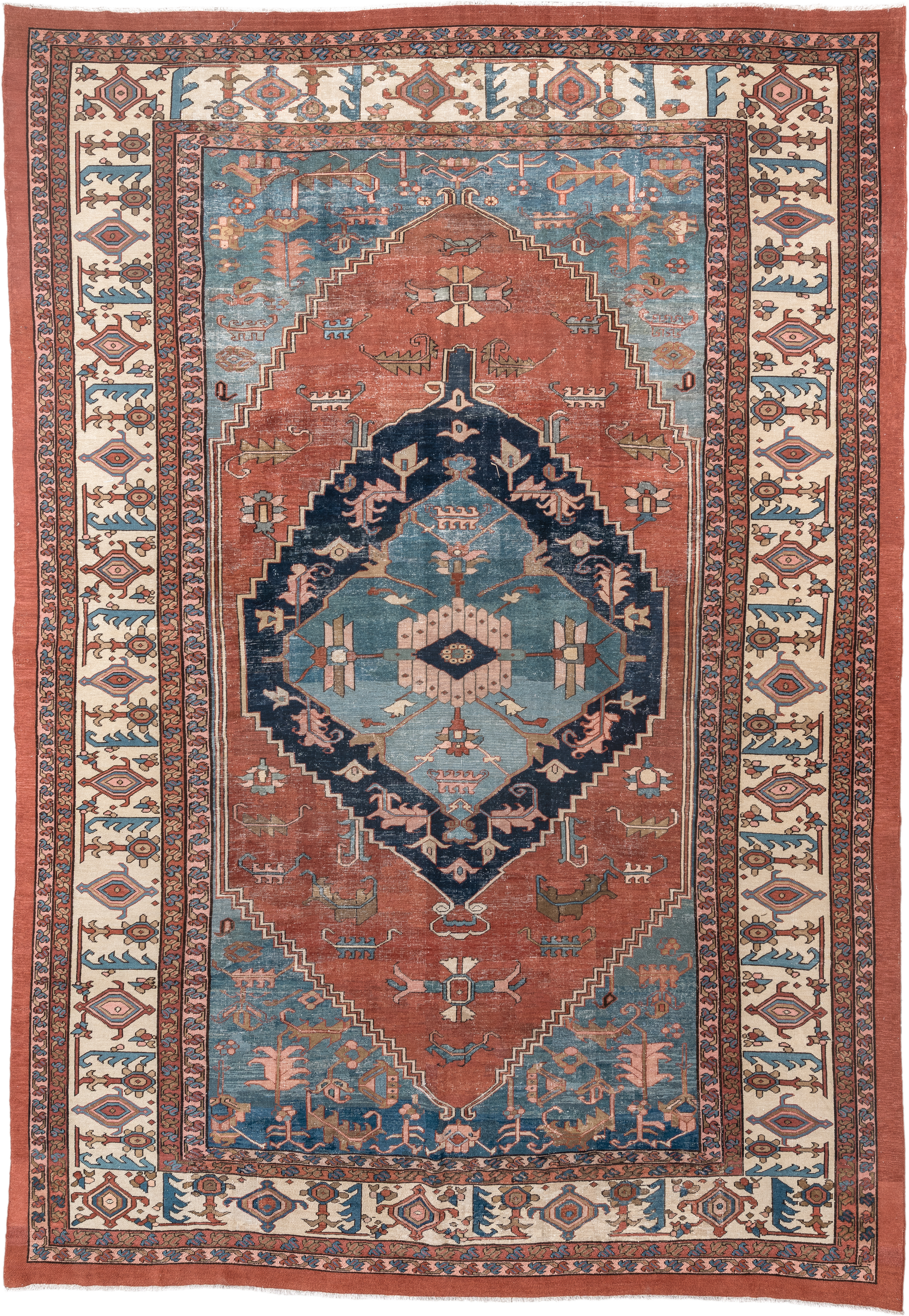 11' x 16' one-of-a-kind handmade vintage Serapi oversize rug. Color palette: terra cotta, ivory, sky blue, navy, rose