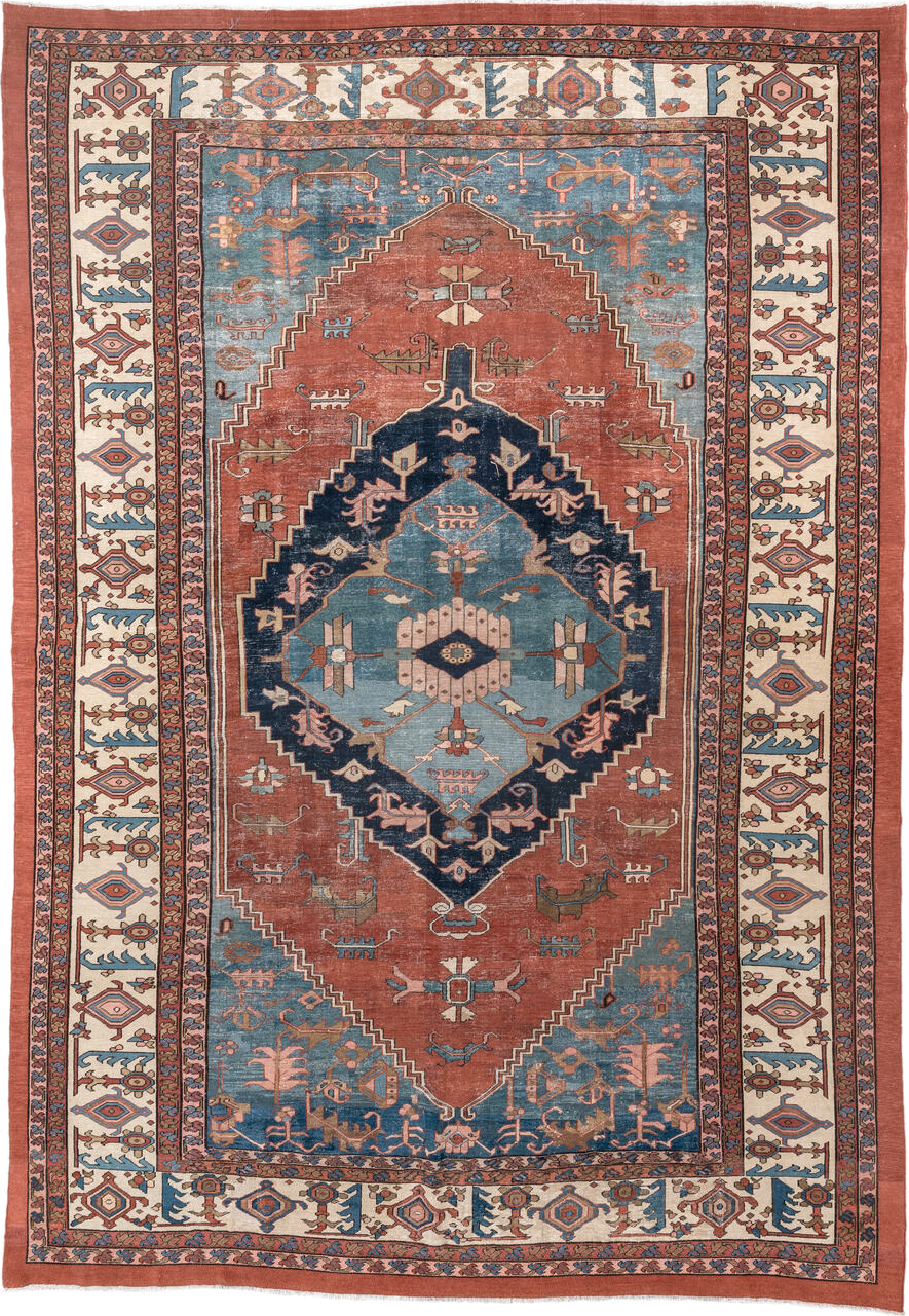 11' x 16' one-of-a-kind handmade vintage Serapi oversize rug. Color palette: black, blue, brown, dark gray, gray, light blue