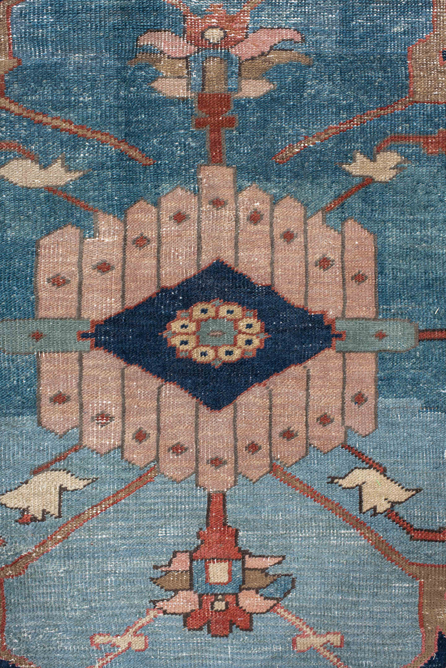 11' x 16' one-of-a-kind handmade vintage Serapi oversize rug. Color palette: terra cotta, ivory, sky blue, navy, rose