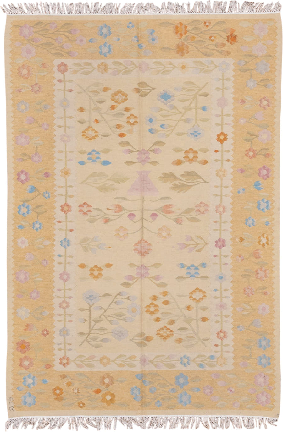 4' x 7' one-of-a-kind handmade antique Besserabian rug. Color palette: ivory, gold, camel, sky_blue, blush, sage, peach