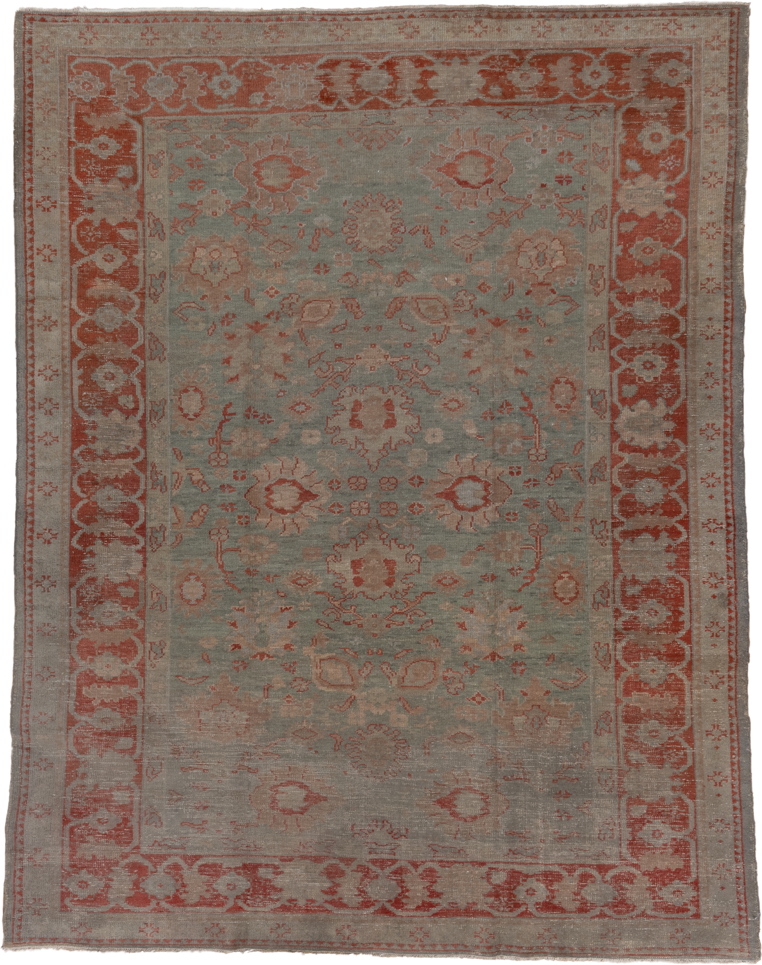 7' x 9' one-of-a-kind handmade antique Oushak rug. Color palette: sage, terra cotta, ivory, taupe, rose, beige, green