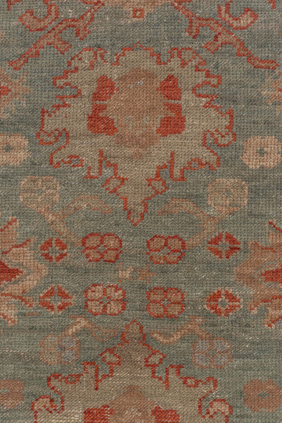 7' x 9' one-of-a-kind handmade antique Oushak rug. Color palette: sage, terra cotta, ivory, taupe, rose, beige, green