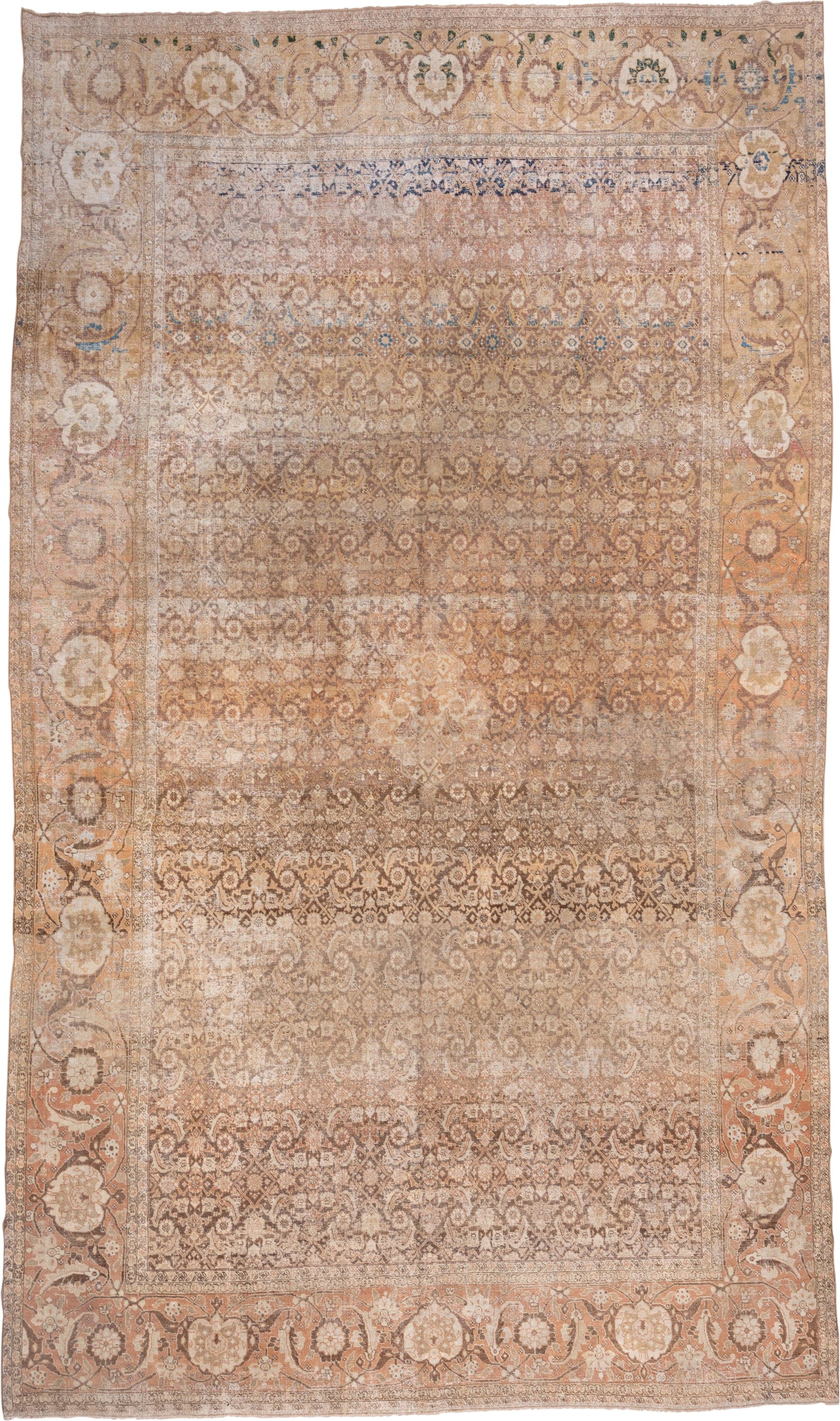 10' x 18' one-of-a-kind handmade antique Tabriz rug. Color palette: camel, taupe, ivory, tan, terra cotta, brown, pale blue