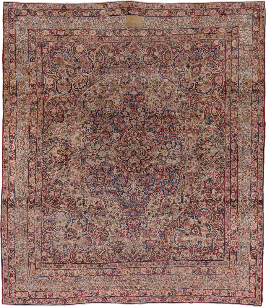 9' x 11' one-of-a-kind handmade antique Lavar large size rug. Color palette: ivory, rose, burgundy, navy, dusty blue, blush
