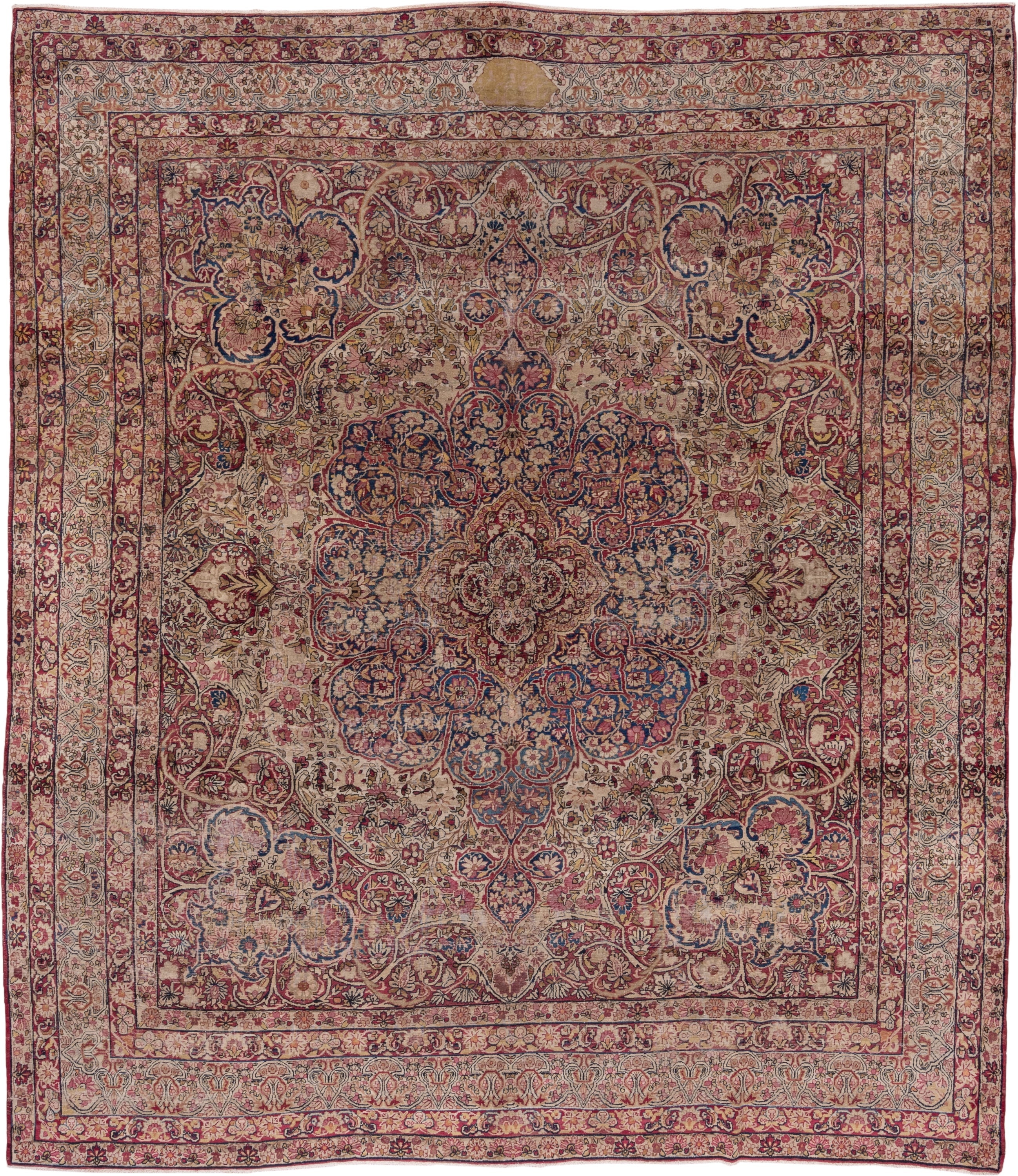 9' x 11' one-of-a-kind handmade antique Lavar large size rug. Color palette: ivory, rose, burgundy, navy, dusty blue, blush