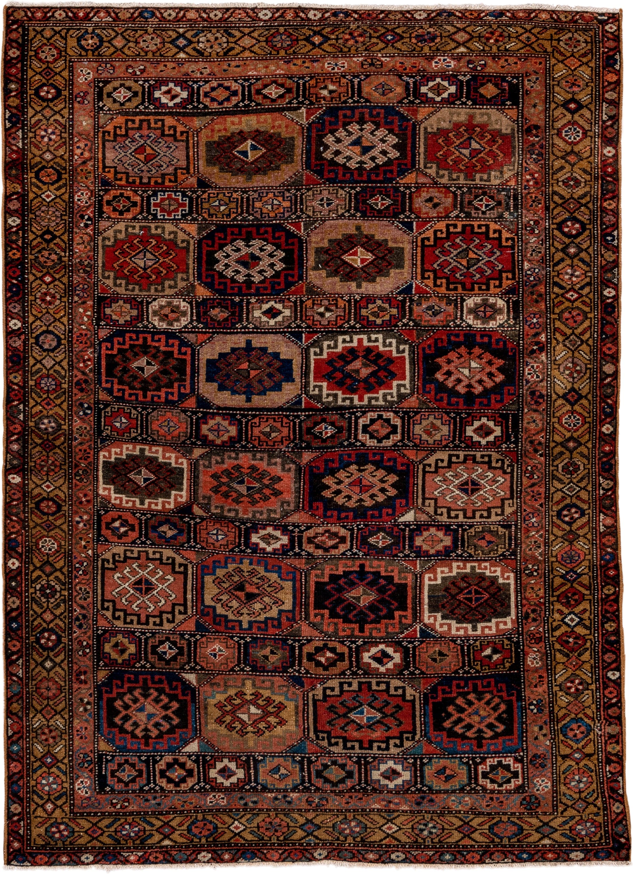 4' x 6' one-of-a-kind handmade antique Malayer small size rug. Color palette: camel, navy, rust, terracotta, ivory, brown