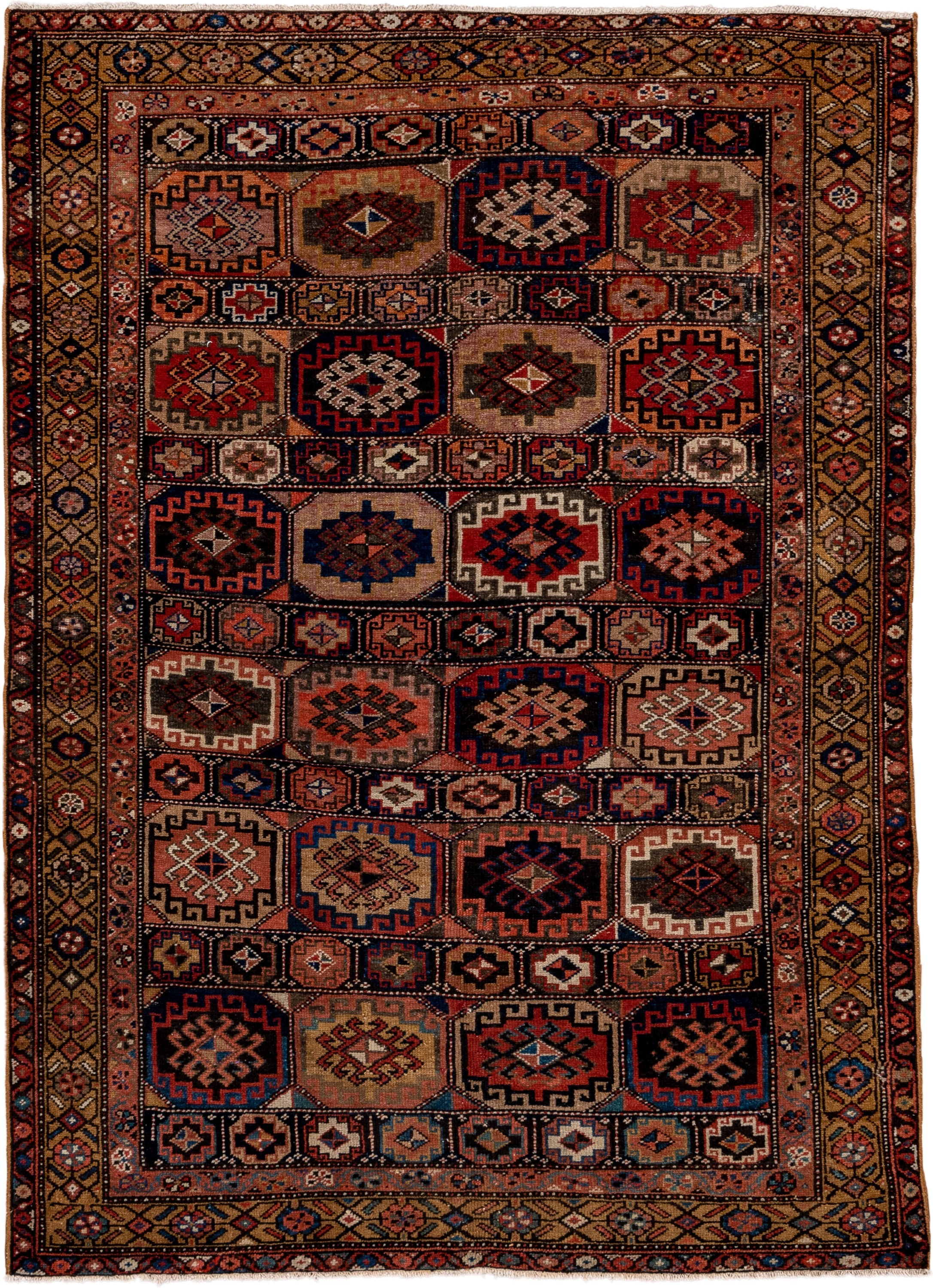4' x 6' one-of-a-kind handmade antique Malayer small size rug. Color palette: camel, navy, rust, terracotta, ivory, brown