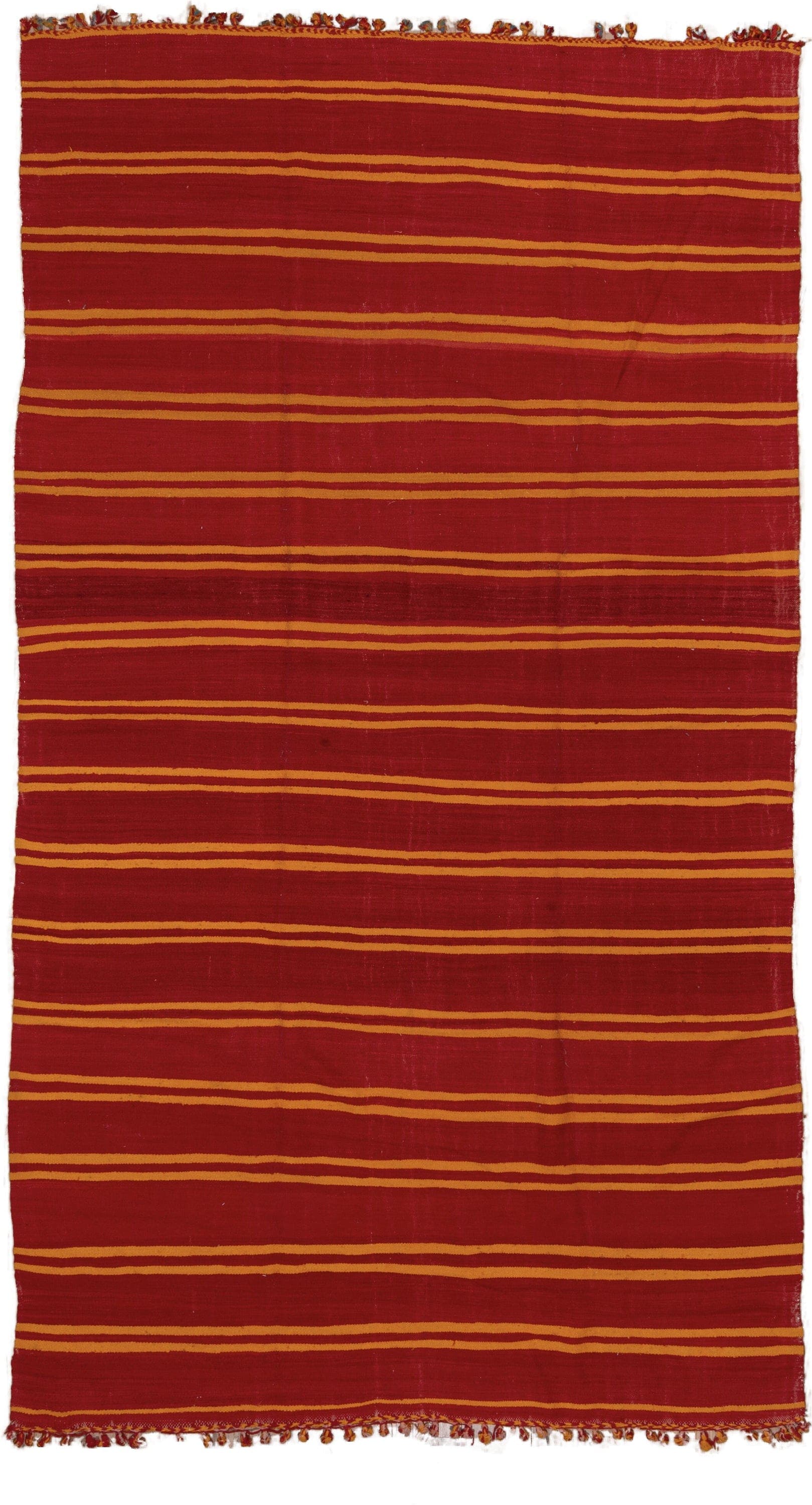 6' x 11' one-of-a-kind handmade vintage Kilim large size rug. Color palette: red, gold, rust, terracotta, brown