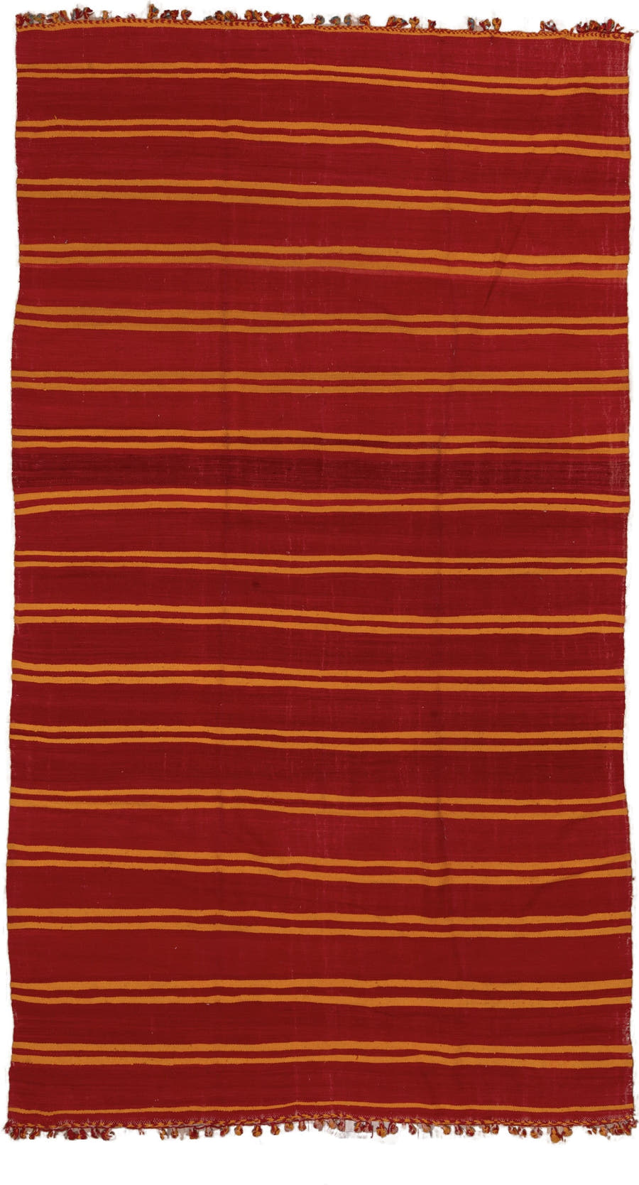 6' x 11' one-of-a-kind handmade vintage Kilim large size rug. Color palette: red, gold, rust, terracotta, brown