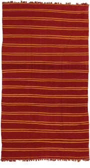 6' x 11' one-of-a-kind handmade vintage Kilim large size rug. Color palette: red, gold, rust, terracotta, brown