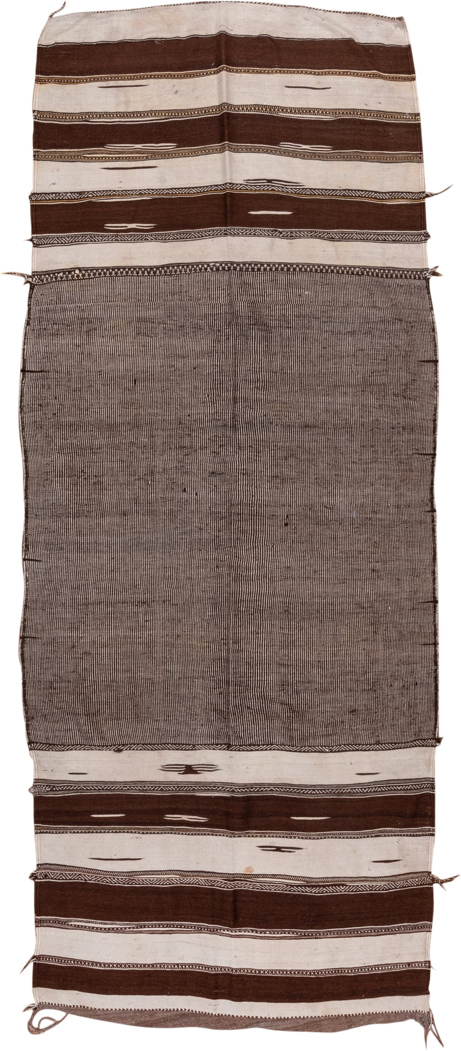4' x 11' one-of-a-kind handmade vintage Kilim runner rug. Color palette: taupe, brown, ivory, charcoal, beige, gray, black