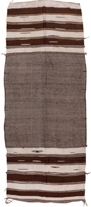 4' x 11' one-of-a-kind handmade vintage Kilim runner rug. Color palette: taupe, brown, ivory, charcoal, beige, gray, black