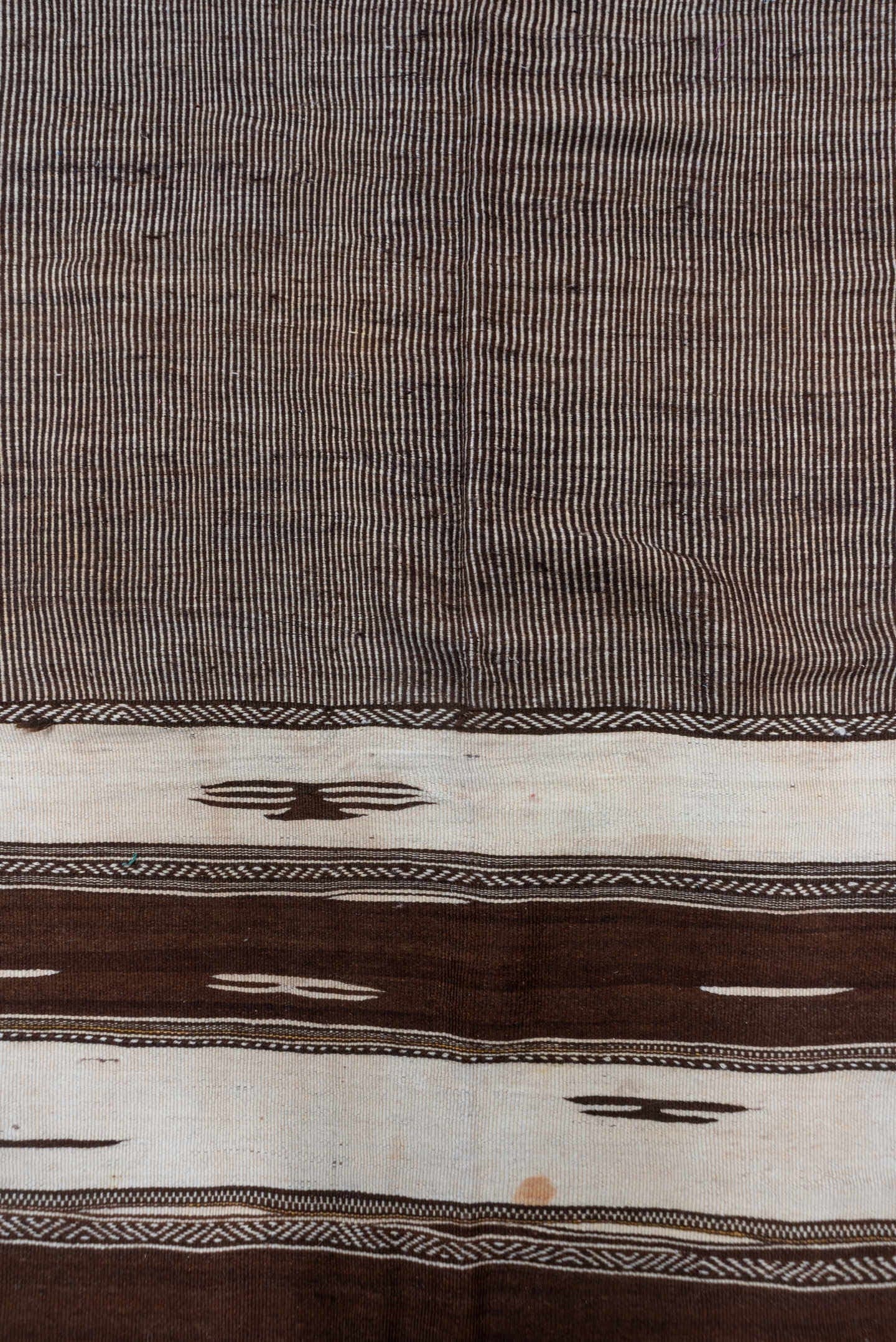 4' x 11' one-of-a-kind handmade vintage Kilim runner rug. Color palette: taupe, brown, ivory, charcoal, beige, gray, black