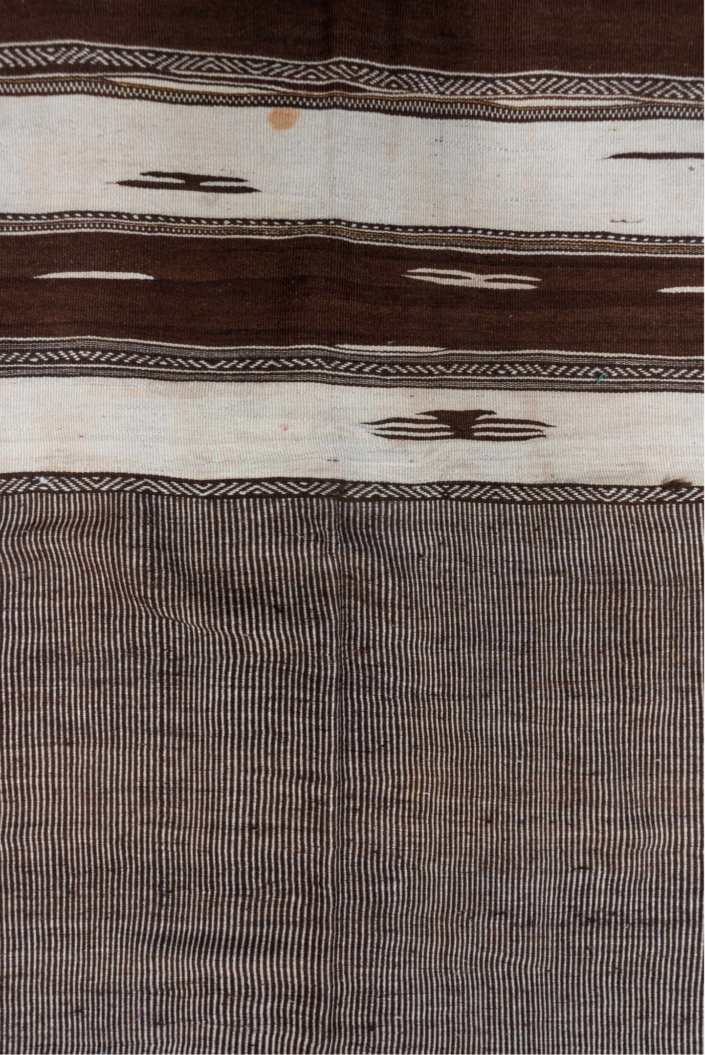 4' x 11' one-of-a-kind handmade vintage Kilim runner rug. Color palette: taupe, brown, ivory, charcoal, beige, gray, black