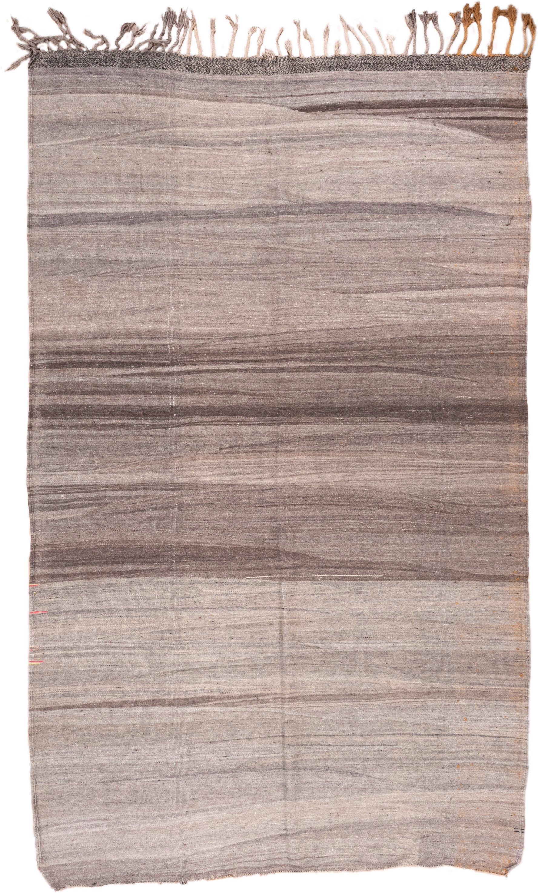 5' x 8' one-of-a-kind handmade vintage Kilim medium size rug. Color palette: taupe, brown, gray, charcoal, ivory, beige