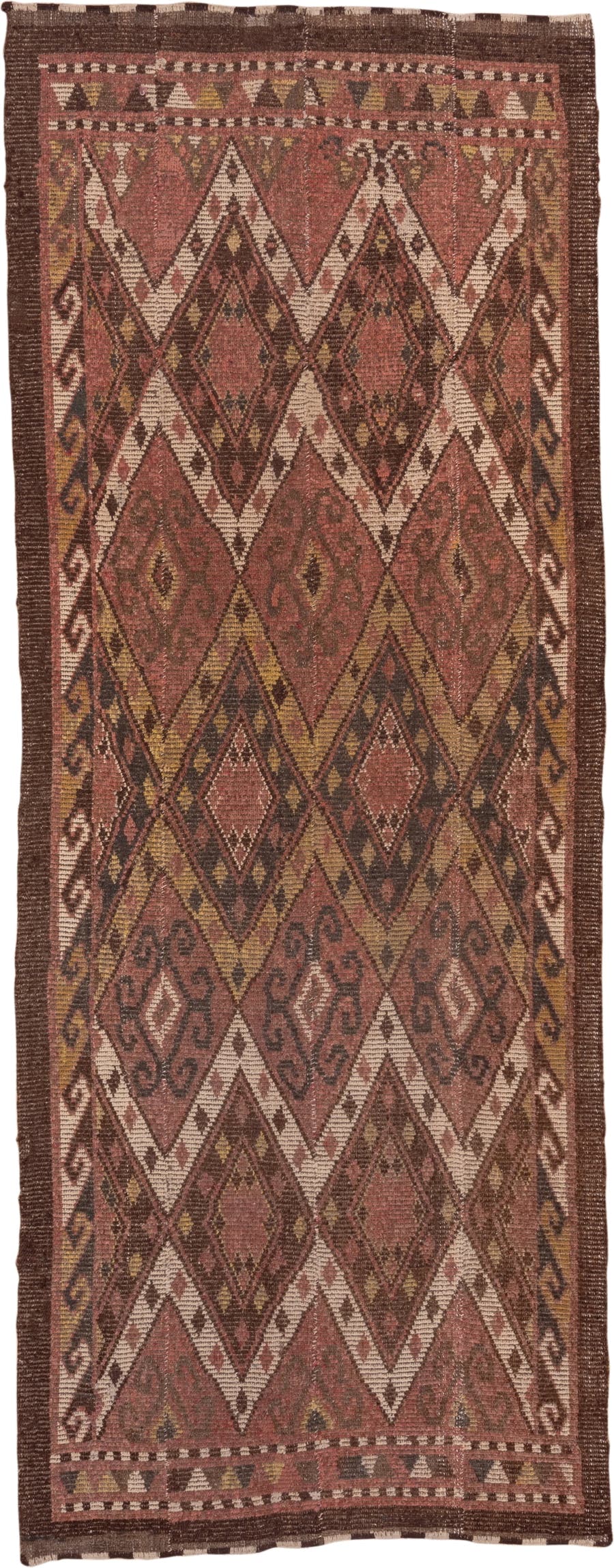 4' x 12' one-of-a-kind handmade antique Ouzbek runner rug. Color palette: rose, brown, ivory, ochre, mahogany, taupe, pink