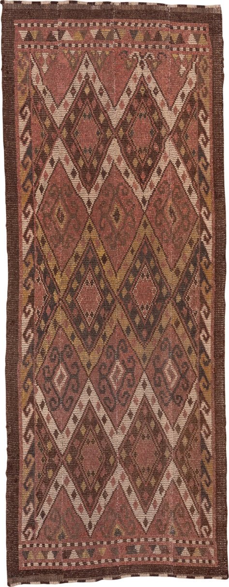 4' x 12' one-of-a-kind handmade antique Ouzbek runner rug. Color palette: rose, brown, ivory, ochre, mahogany, taupe, pink
