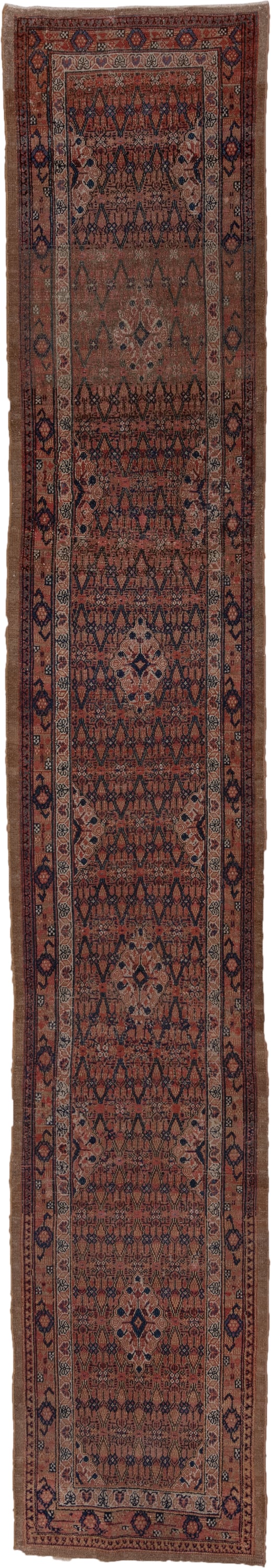 2' x 15' one-of-a-kind handmade antique Cam Hamadan runner rug. Color palette: terra cotta, navy, camel, rust, ivory, brown