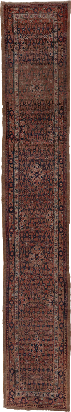 2' x 15' one-of-a-kind handmade antique Cam Hamadan runner rug. Color palette: terra cotta, navy, camel, rust, ivory, brown