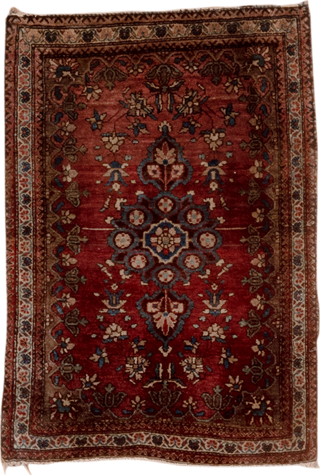 1' x 2' one-of-a-kind handmade antique Sarouk small size rug. Color palette: rust, burgundy, ivory, navy, camel, rose, brown