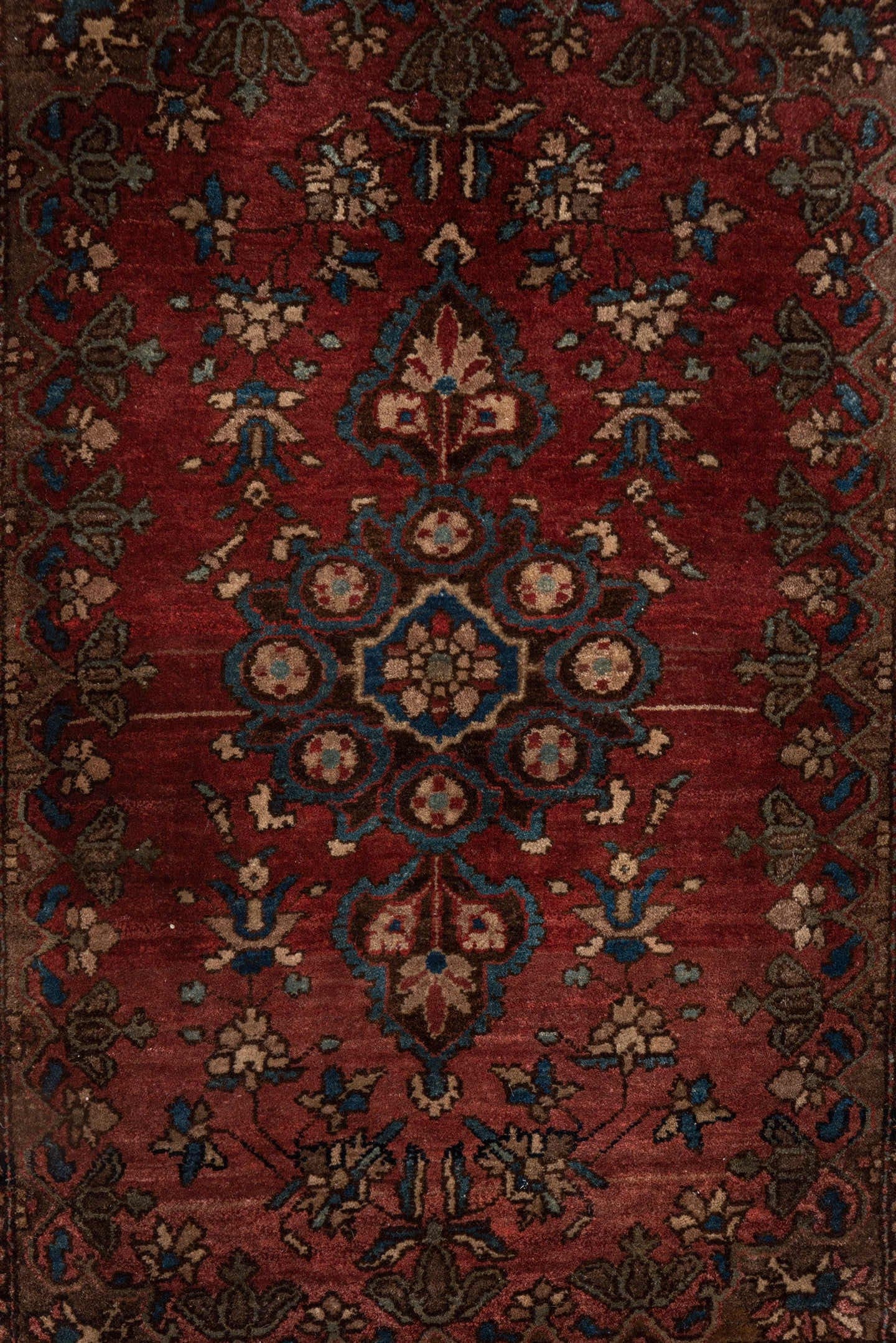 1' x 2' one-of-a-kind handmade antique Sarouk small size rug. Color palette: rust, burgundy, ivory, navy, camel, rose, brown