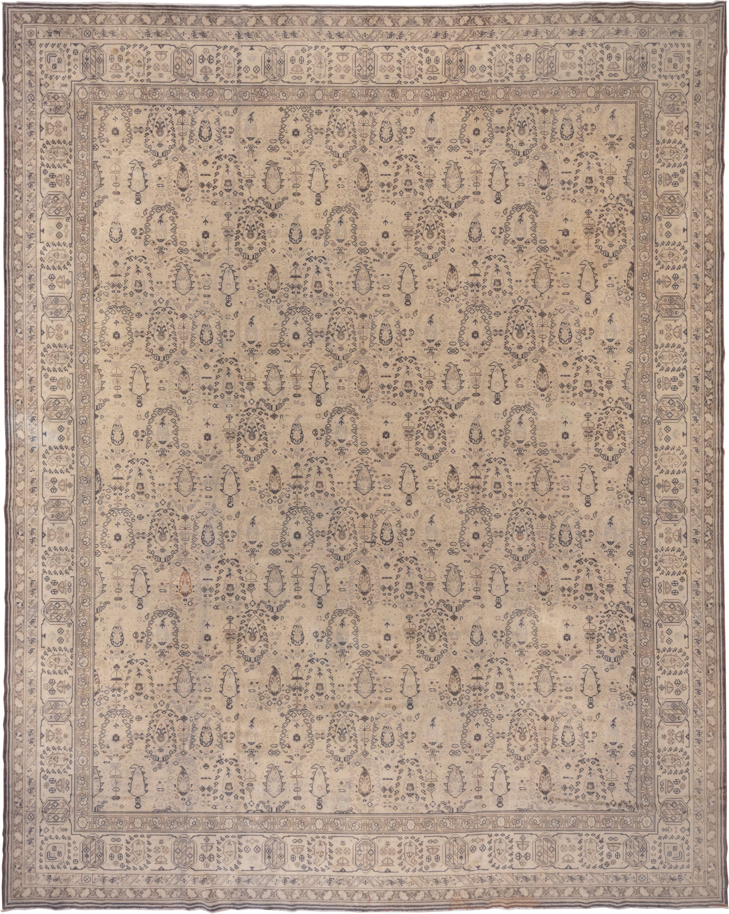 12' x 15' one-of-a-kind handmade antique Sivas oversize rug. Color palette: ivory, taupe, blue gray, camel, slate, beige