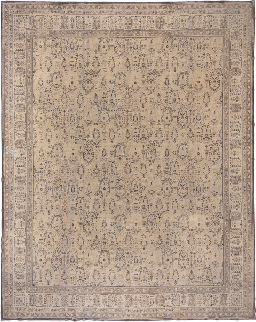 12' x 15' one-of-a-kind handmade antique Sivas oversize rug. Color palette: ivory, taupe, blue gray, camel, slate, beige