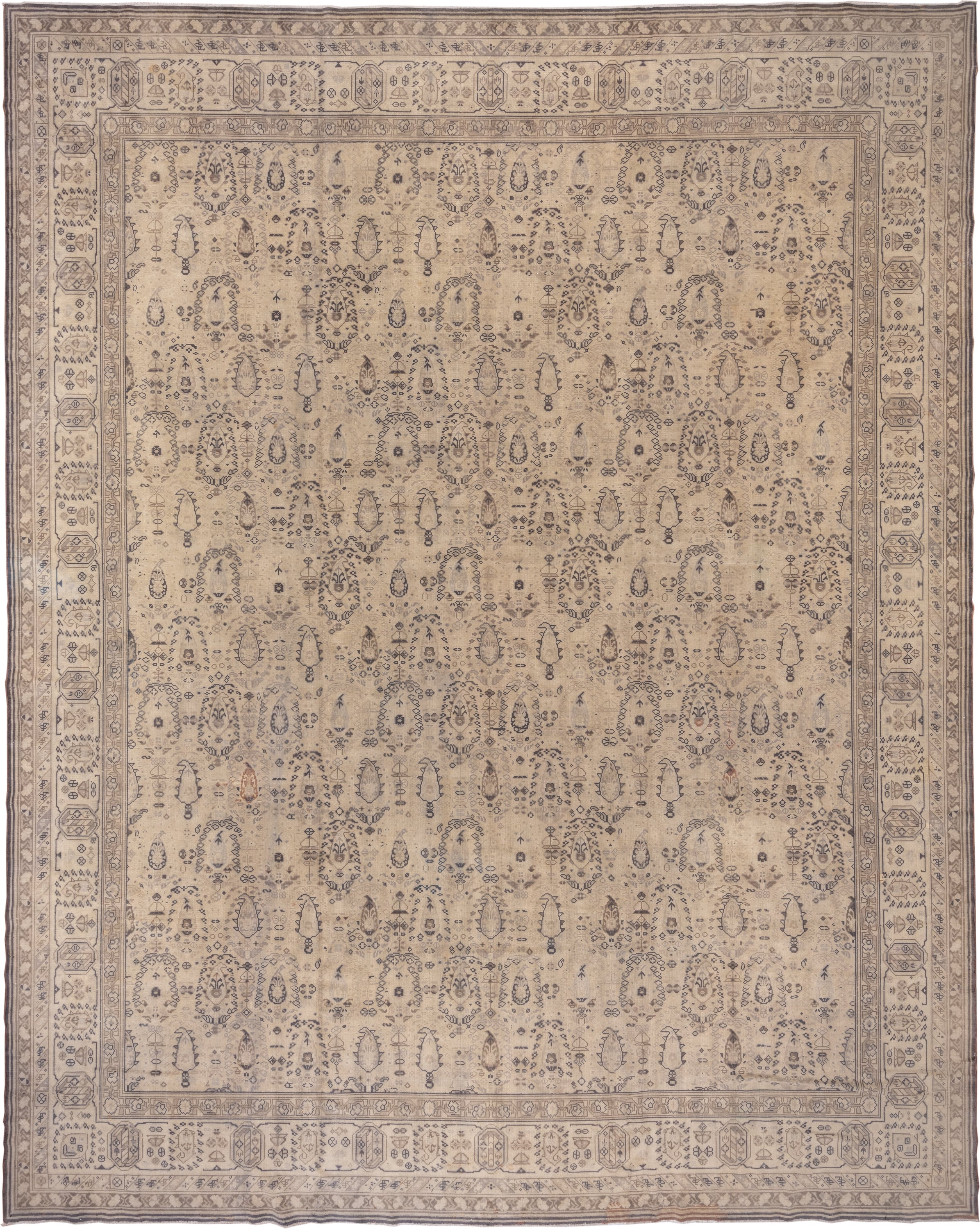 12' x 15' one-of-a-kind handmade antique Sivas oversize rug. Color palette: ivory, taupe, blue gray, camel, slate, beige