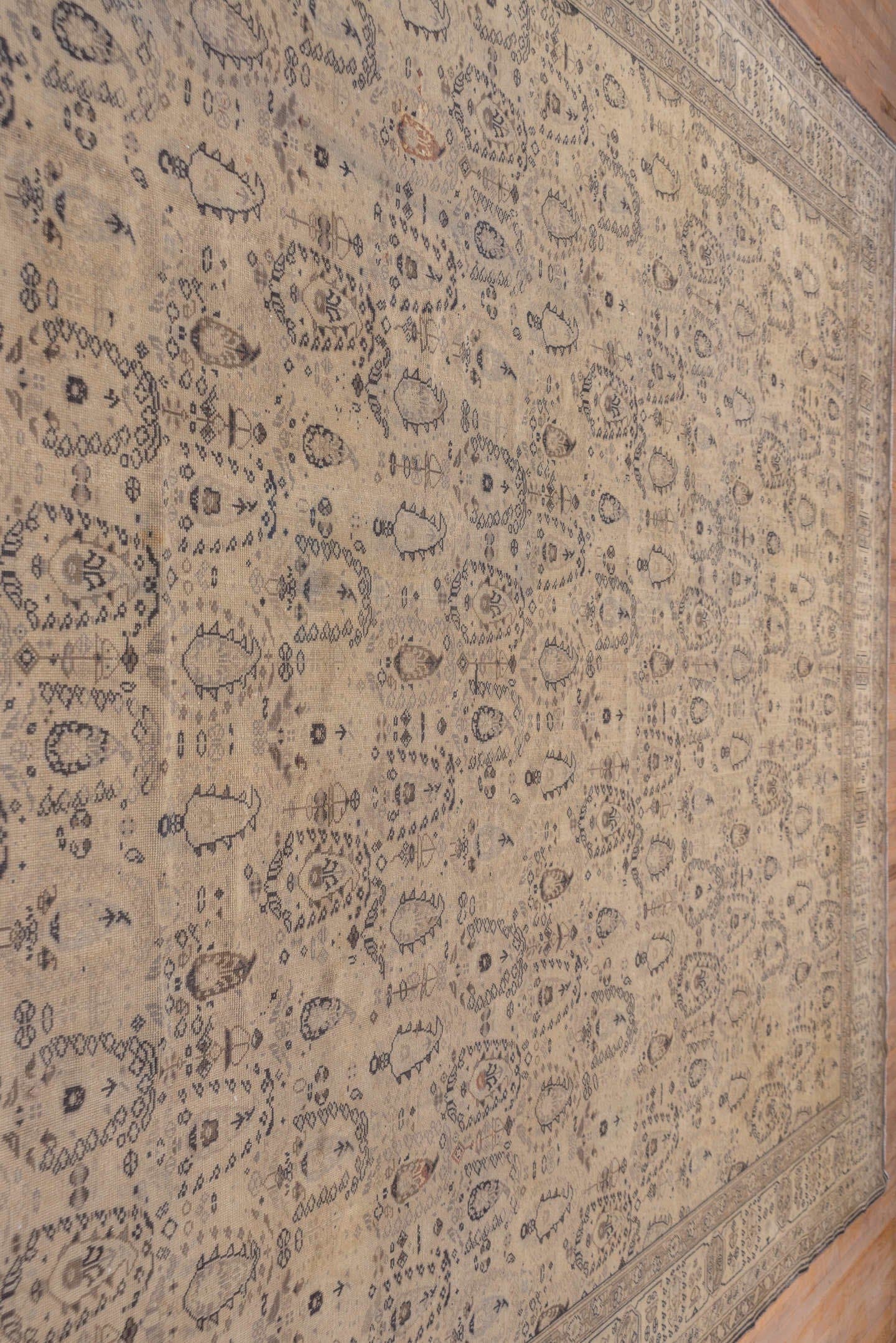 12' x 15' one-of-a-kind handmade antique Sivas oversize rug. Color palette: ivory, taupe, blue gray, camel, slate, beige