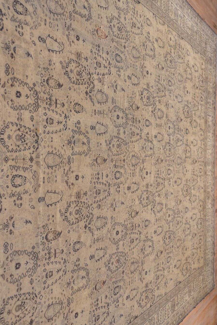 12' x 15' one-of-a-kind handmade antique Sivas oversize rug. Color palette: ivory, taupe, blue gray, camel, slate, beige