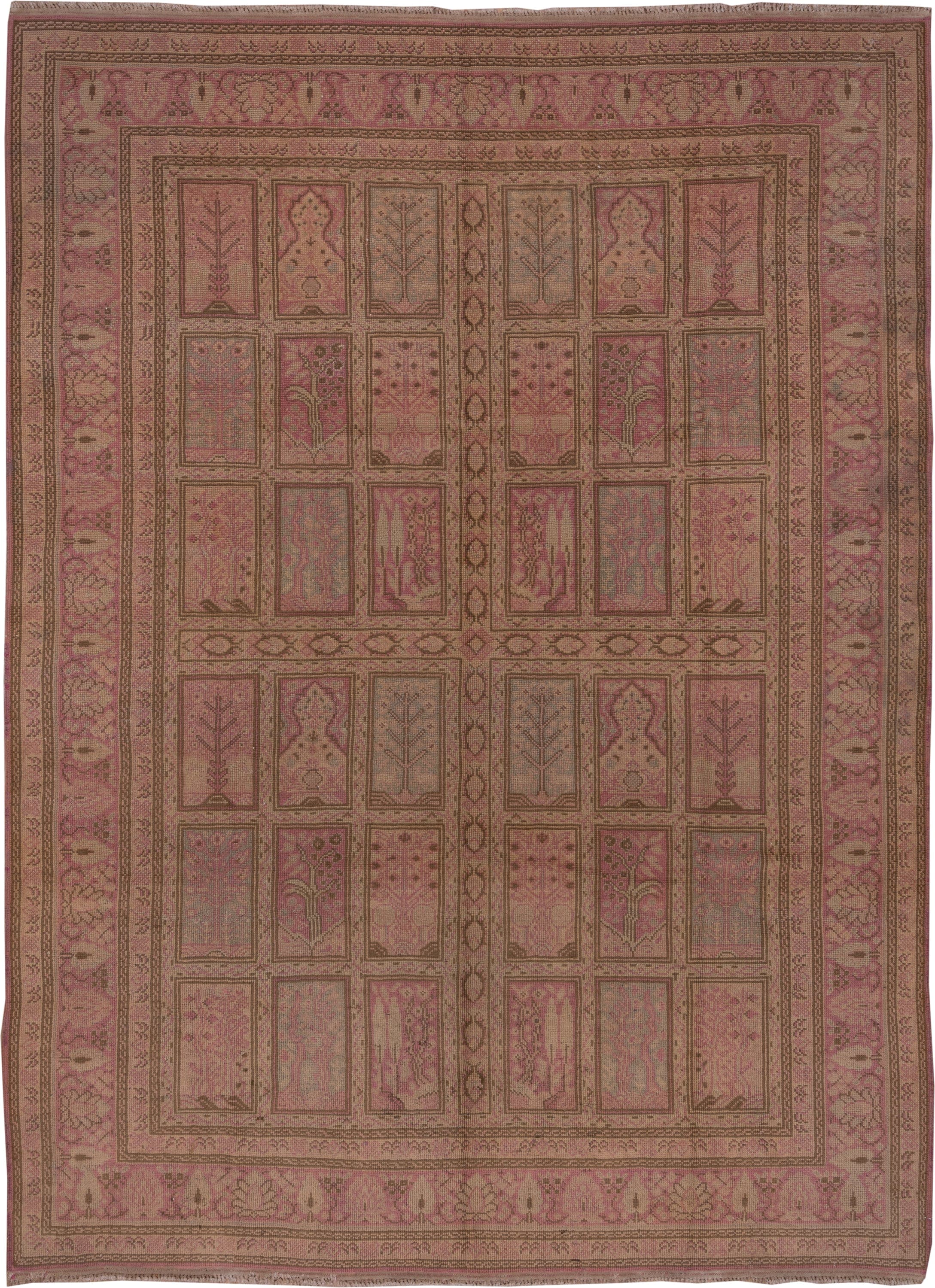 8' x 12' one-of-a-kind handmade antique Oushak large size rug. Color palette: rose, blush, taupe, dusty pink, beige, mauve