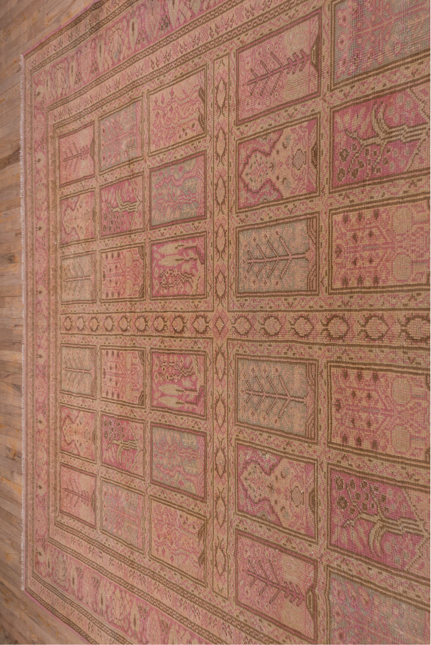 8' x 12' one-of-a-kind handmade antique Oushak large size rug. Color palette: rose, blush, taupe, dusty pink, beige, mauve