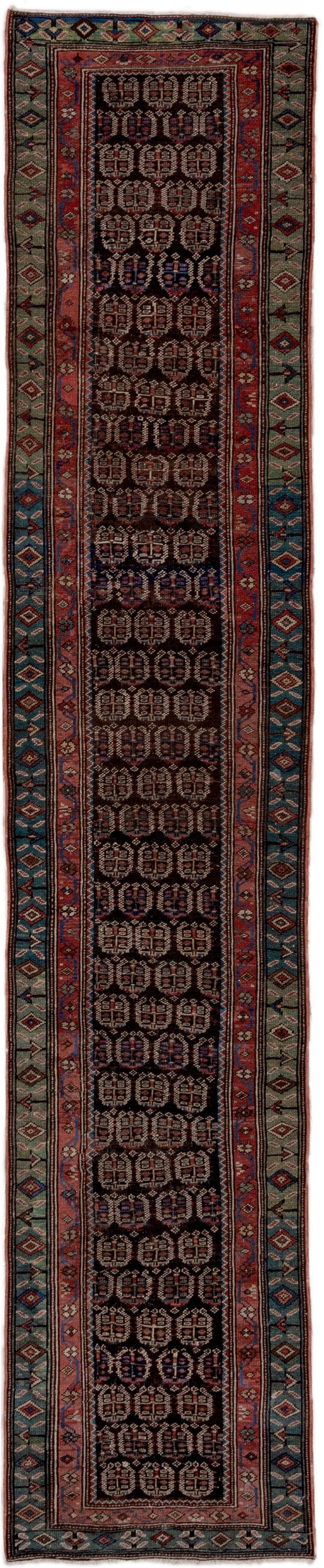 2' x 12' one-of-a-kind handmade antique Caucasian runner rug. Color palette: navy, rust, slate, ivory, rose, teal, charcoal