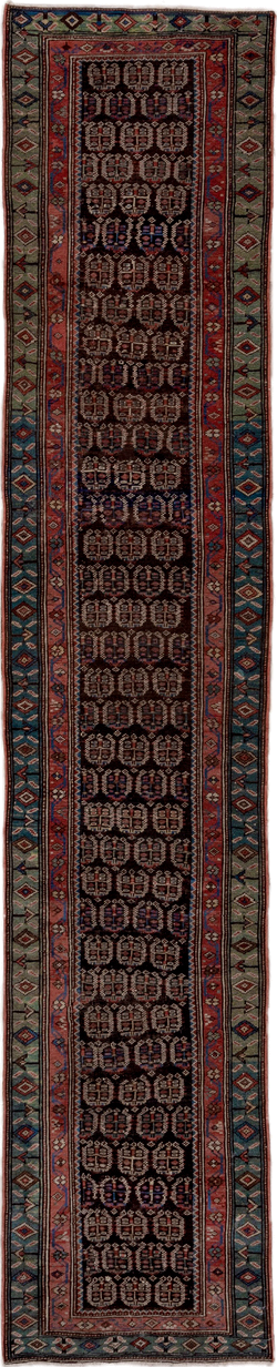 2' x 12' one-of-a-kind handmade antique Caucasian runner rug. Color palette: navy, rust, slate, ivory, rose, teal, charcoal