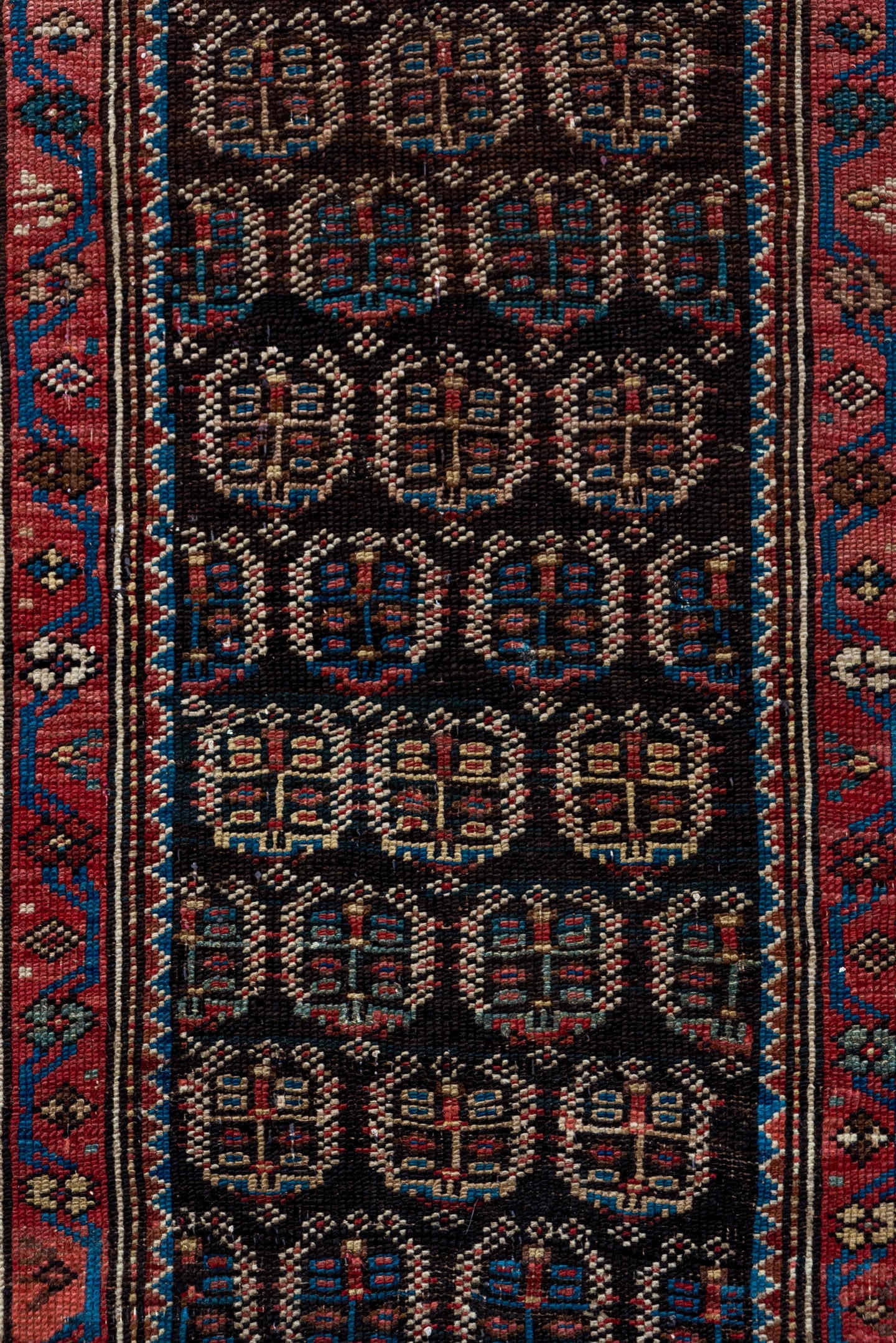 2' x 12' one-of-a-kind handmade antique Caucasian runner rug. Color palette: navy, rust, slate, ivory, rose, teal, charcoal