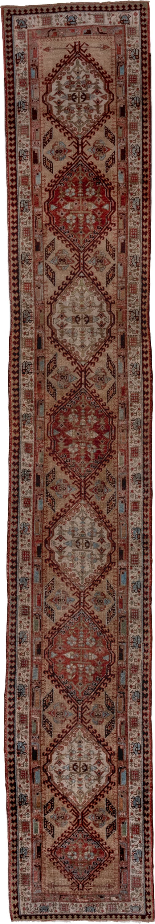2' x 17' one-of-a-kind handmade antique Sarab runner rug. Color palette: rust, ivory, brick, camel, slate, charcoal, taupe