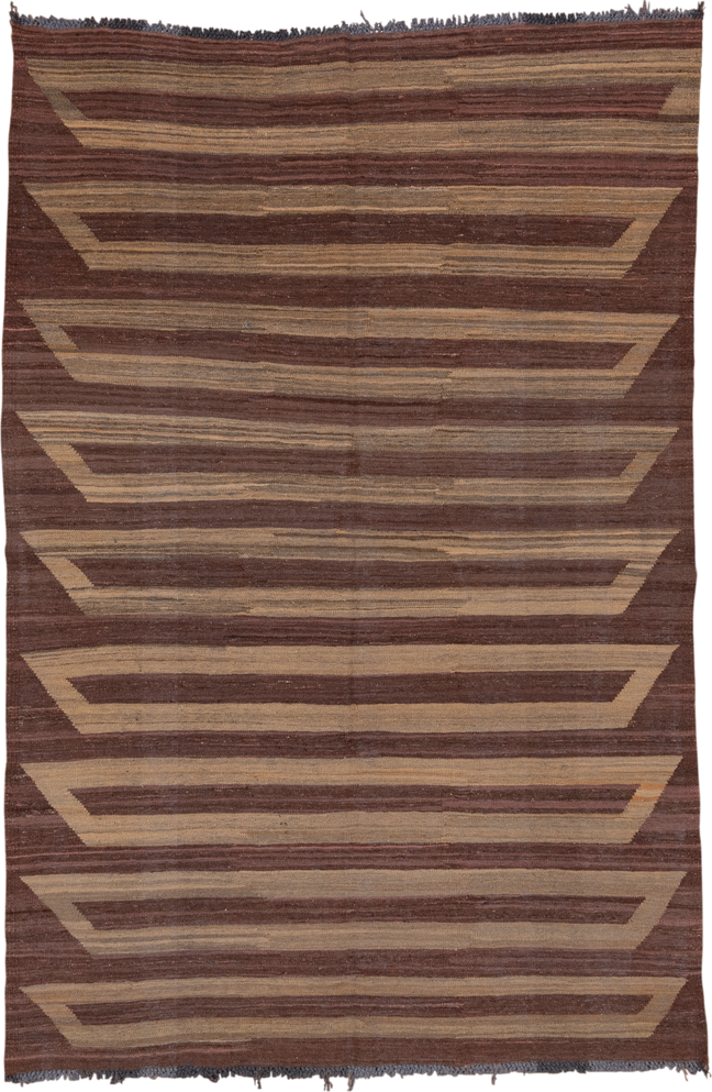 5' x 8' one-of-a-kind handmade vintage Kilim medium size rug. Color palette: brown, camel, taupe, mahogany, charcoal, beige